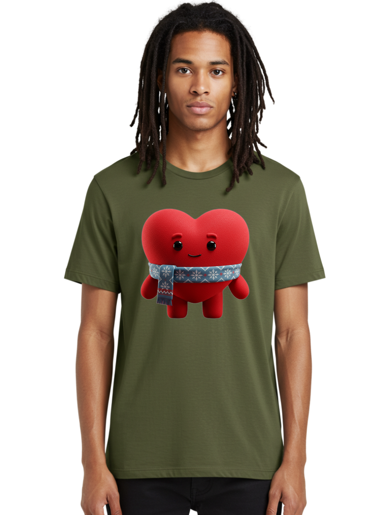 Heart-Character-2 Men'S Graphic Tee, 100% Cotton, Comfortable Casual Summer Wear, Machine Washable, Heart Character, Red Heart, Snowflake Scarf, Winter Theme, Cute Character, Love Symbol, Festive Design, Cartoon Heart, Smiling Face Bae038