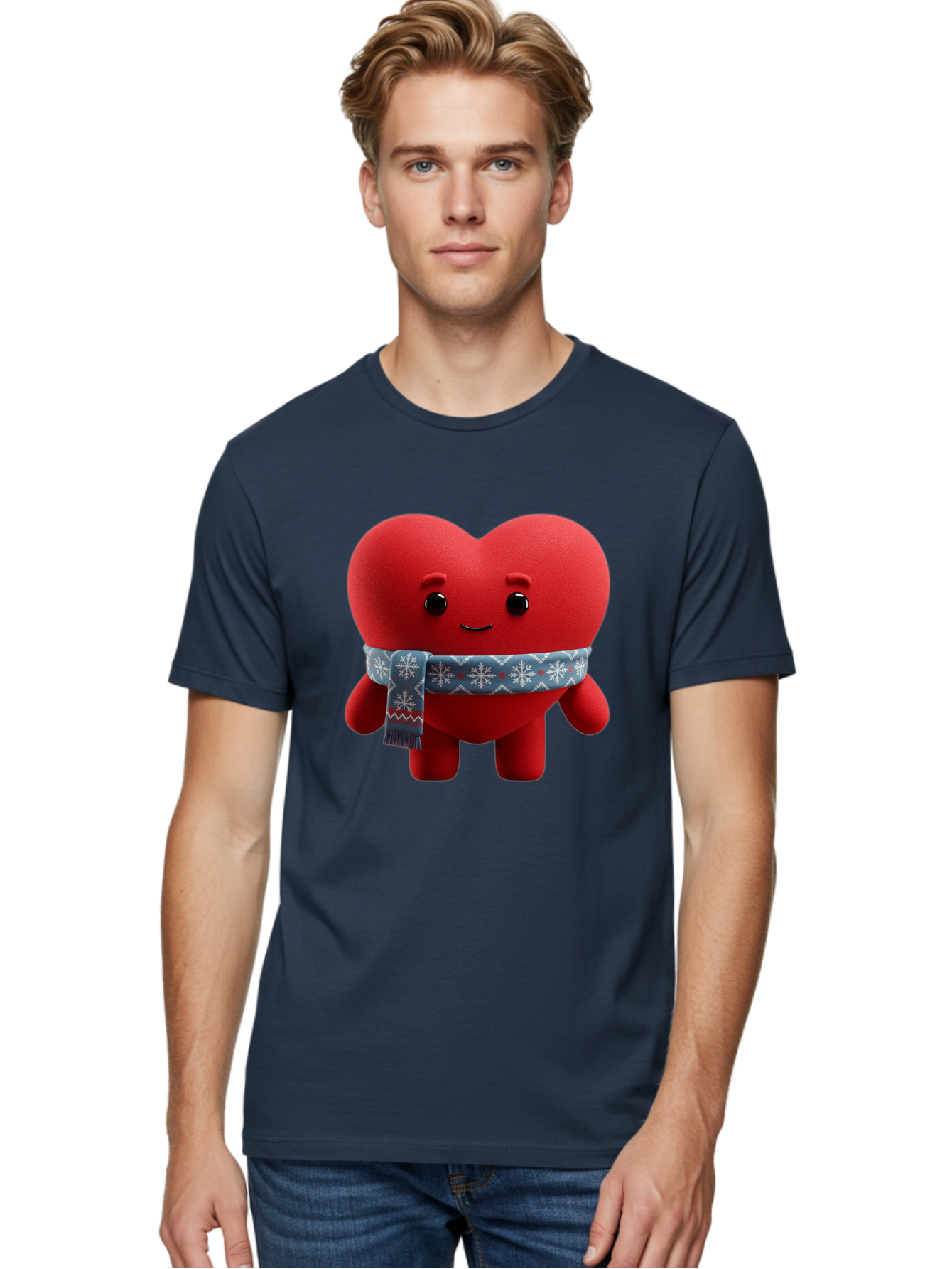 Heart-Character-2 Men'S Graphic Tee, 100% Cotton, Comfortable Casual Summer Wear, Machine Washable, Heart Character, Red Heart, Snowflake Scarf, Winter Theme, Cute Character, Love Symbol, Festive Design, Cartoon Heart, Smiling Face Bae038