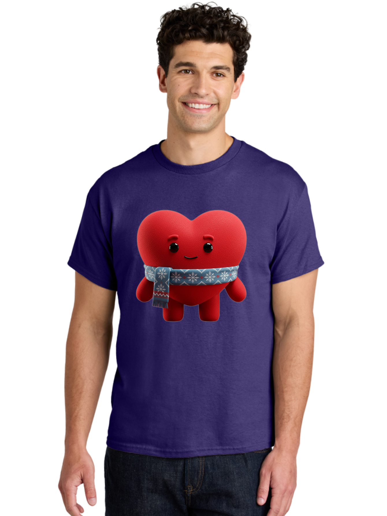 Heart-Character-2 Men'S Graphic Tee, 100% Cotton, Comfortable Casual Summer Wear, Machine Washable, Heart Character, Red Heart, Snowflake Scarf, Winter Theme, Cute Character, Love Symbol, Festive Design, Cartoon Heart, Smiling Face Bae038