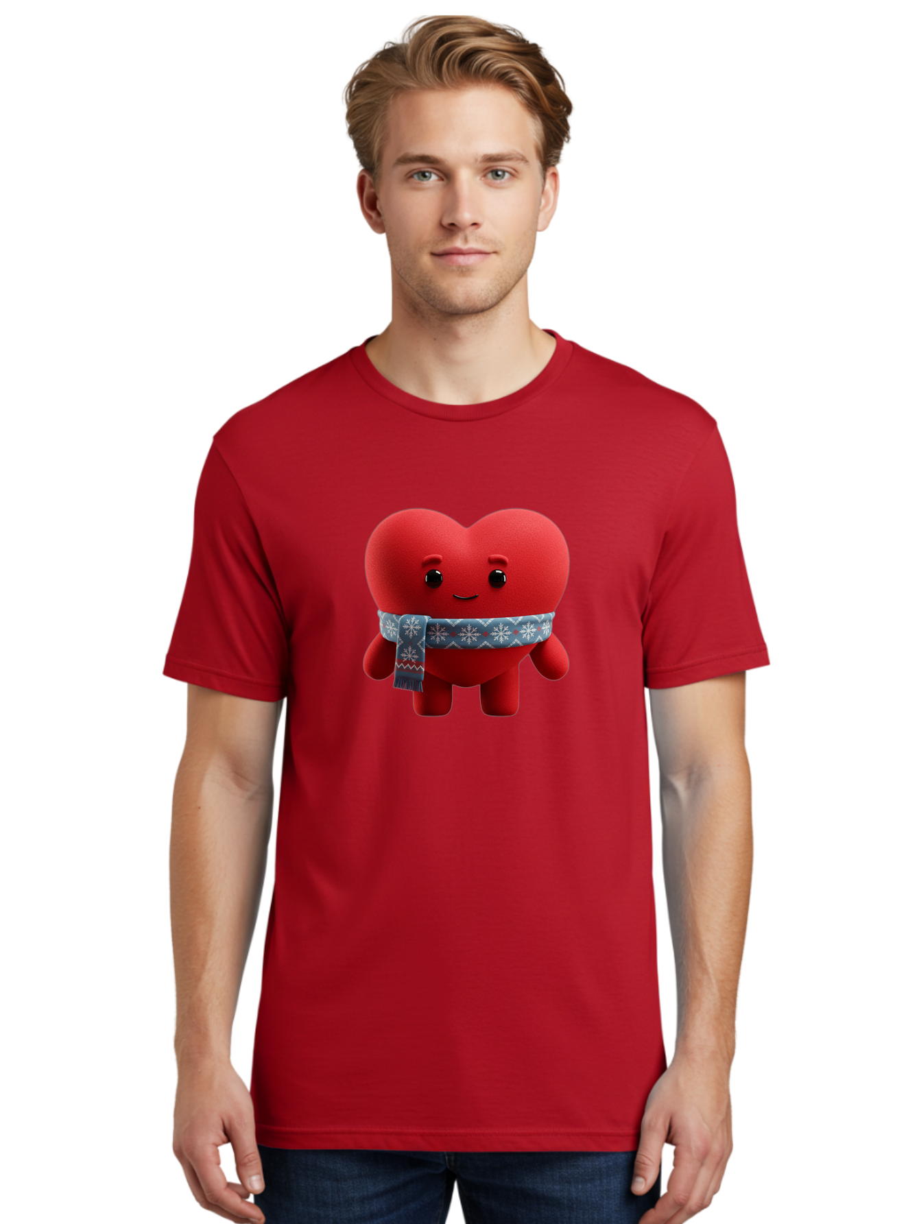 Heart-Character-2 Men'S Graphic Tee, 100% Cotton, Comfortable Casual Summer Wear, Machine Washable, Heart Character, Red Heart, Snowflake Scarf, Winter Theme, Cute Character, Love Symbol, Festive Design, Cartoon Heart, Smiling Face Bae038