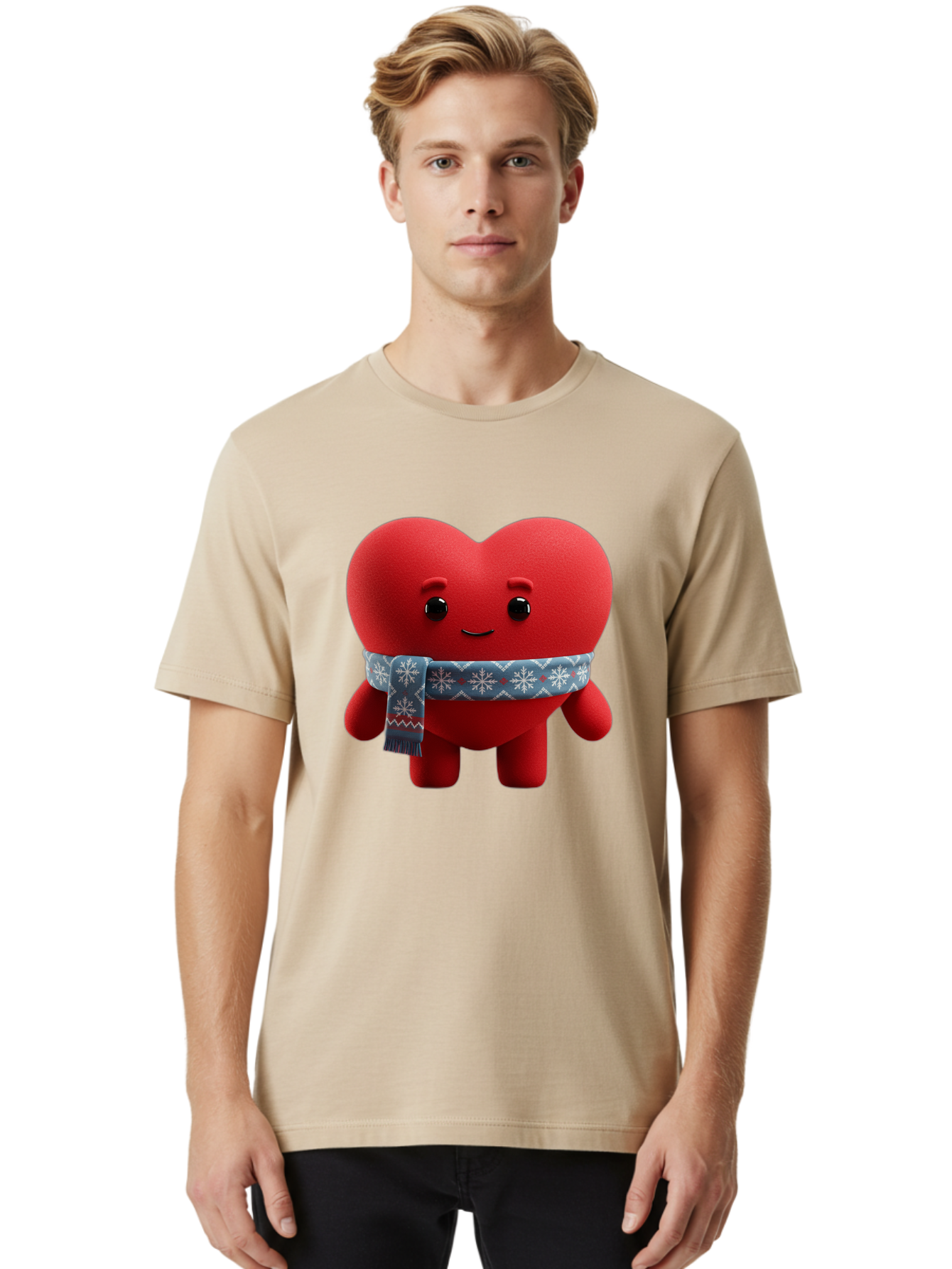 Heart-Character-2 Men'S Graphic Tee, 100% Cotton, Comfortable Casual Summer Wear, Machine Washable, Heart Character, Red Heart, Snowflake Scarf, Winter Theme, Cute Character, Love Symbol, Festive Design, Cartoon Heart, Smiling Face Bae038