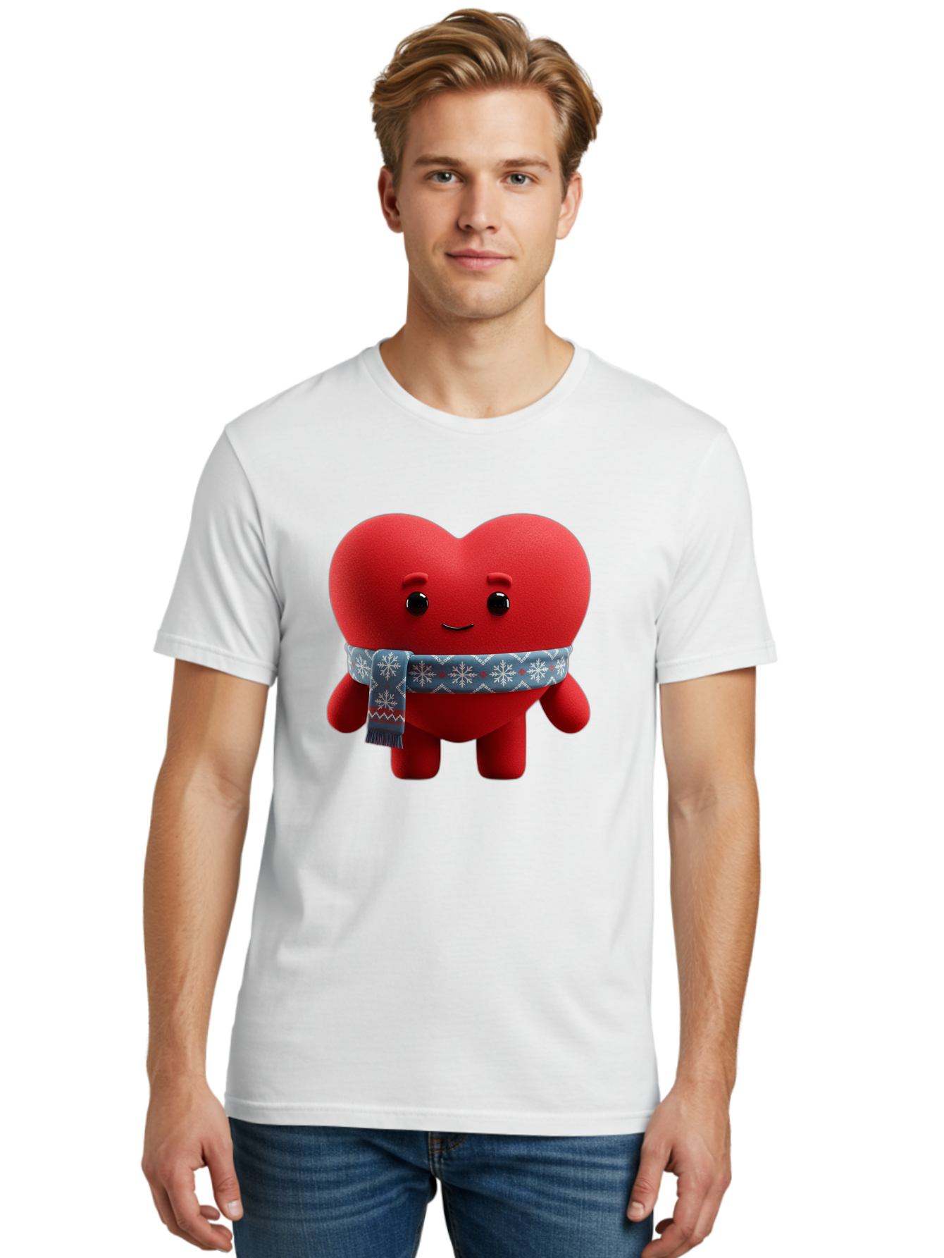 Heart-Character-2 Men'S Graphic Tee, 100% Cotton, Comfortable Casual Summer Wear, Machine Washable, Heart Character, Red Heart, Snowflake Scarf, Winter Theme, Cute Character, Love Symbol, Festive Design, Cartoon Heart, Smiling Face Bae038