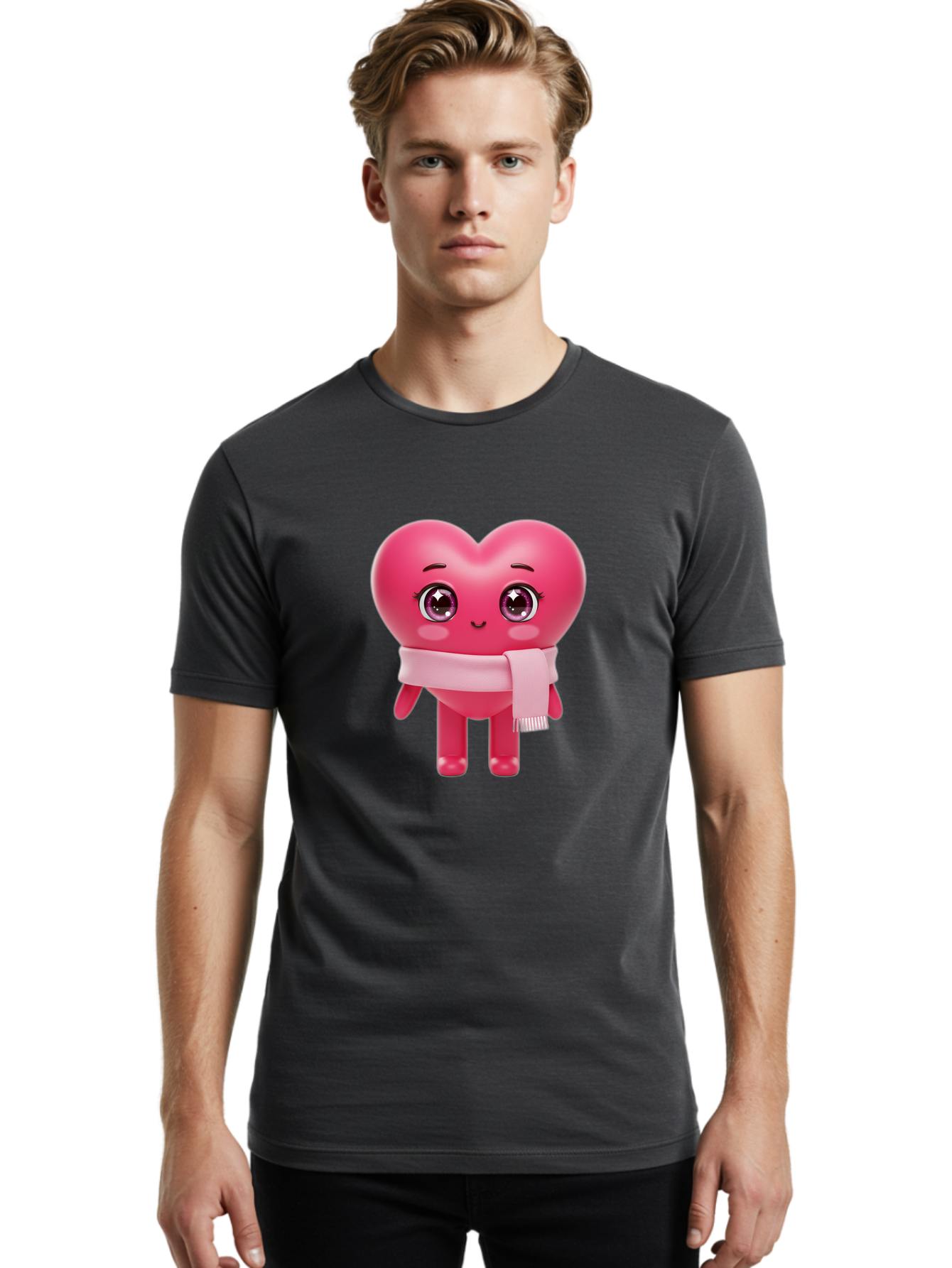 Heart-Character Men'S Graphic Tee, 100% Cotton, Comfortable Casual Summer Wear, Machine Washable, Pink Heart Character, 3D Cartoon Character, Cute Face, Large Eyes, Pink Scarf, Adorable Expression, Cartoon Style, Heart Shape, Digital Art, Bae039