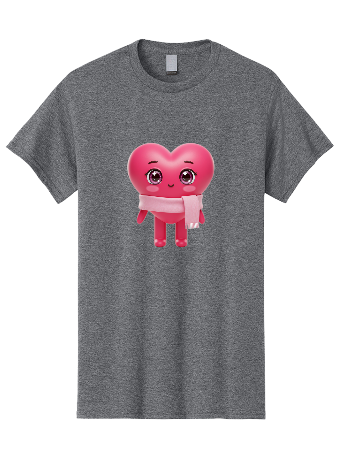 Heart-Character Men'S Graphic Tee, 100% Cotton, Comfortable Casual Summer Wear, Machine Washable, Pink Heart Character, 3D Cartoon Character, Cute Face, Large Eyes, Pink Scarf, Adorable Expression, Cartoon Style, Heart Shape, Digital Art, Bae039