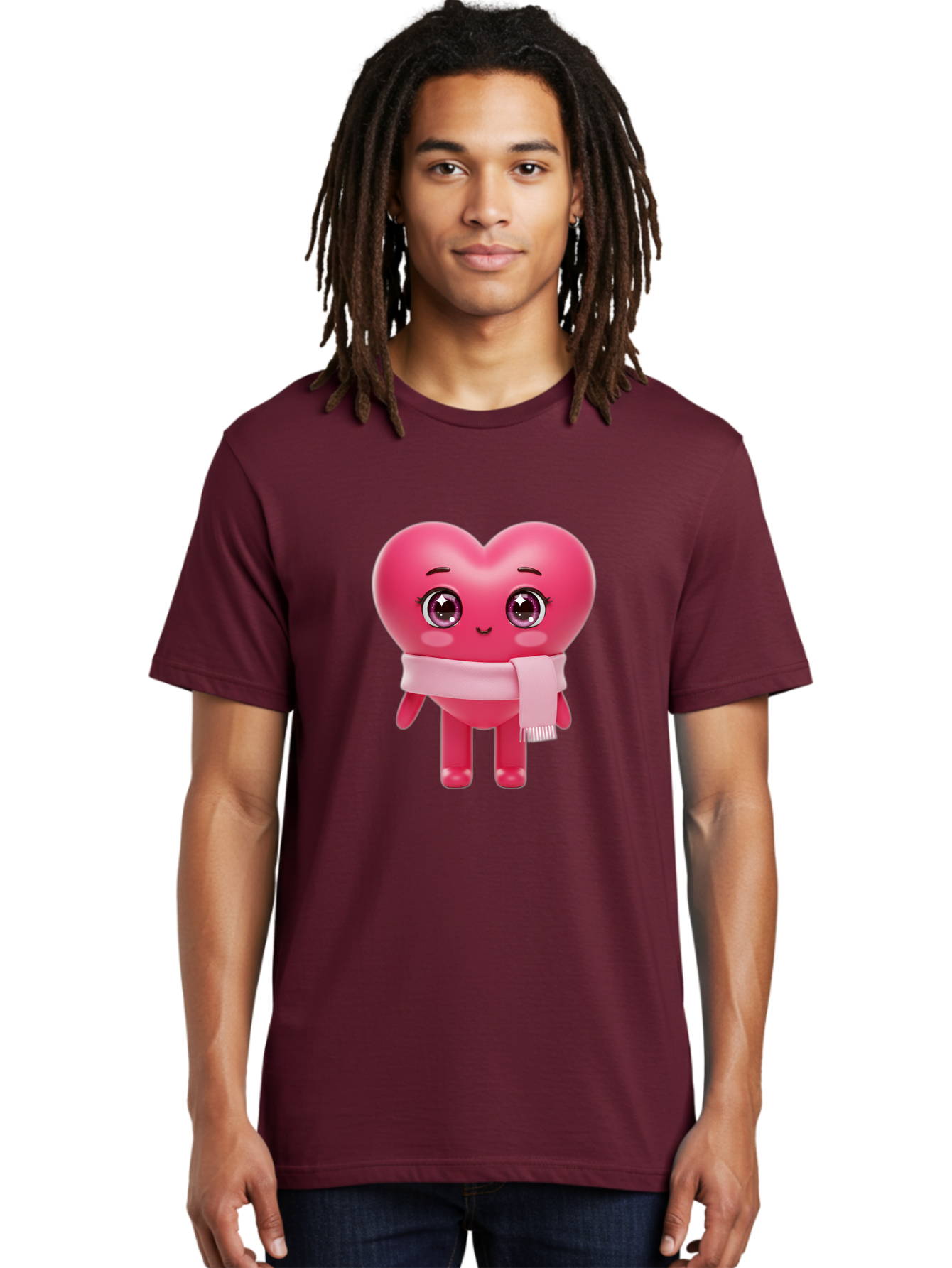 Heart-Character Men'S Graphic Tee, 100% Cotton, Comfortable Casual Summer Wear, Machine Washable, Pink Heart Character, 3D Cartoon Character, Cute Face, Large Eyes, Pink Scarf, Adorable Expression, Cartoon Style, Heart Shape, Digital Art, Bae039