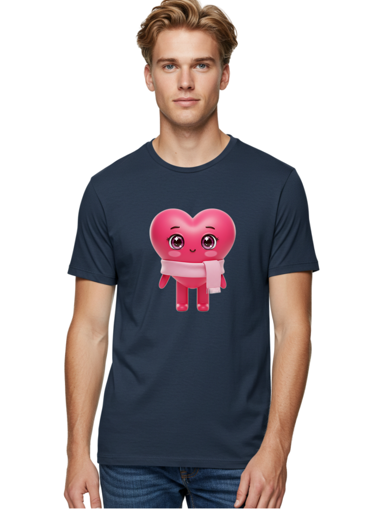 Heart-Character Men'S Graphic Tee, 100% Cotton, Comfortable Casual Summer Wear, Machine Washable, Pink Heart Character, 3D Cartoon Character, Cute Face, Large Eyes, Pink Scarf, Adorable Expression, Cartoon Style, Heart Shape, Digital Art, Bae039