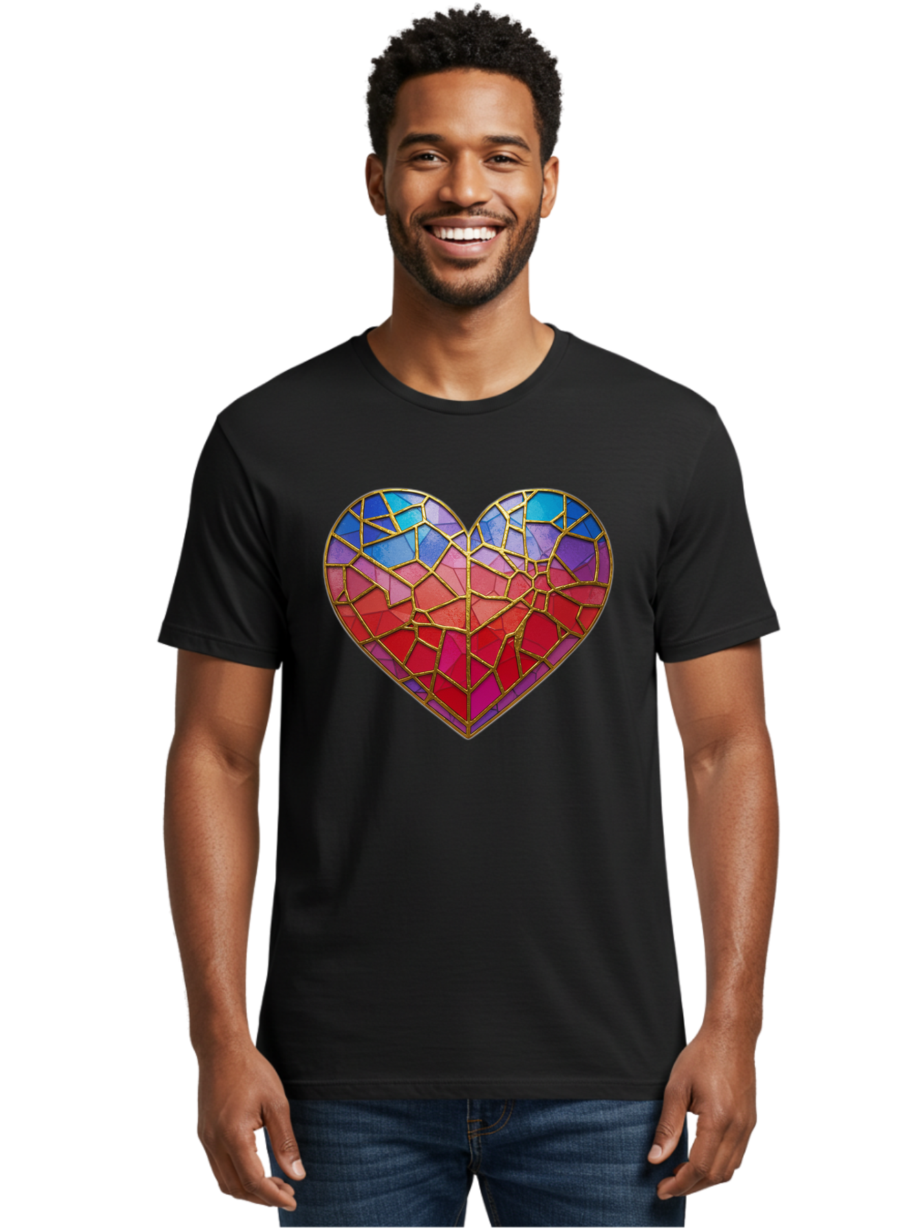 Heart-Mosaic Men'S Graphic Tee, 100% Cotton, Comfortable Casual Summer Wear, Machine Washable, Mosaic Art, Stained Glass Heart, Vibrant Colors, Gold Accents, Love Symbol, Artistic Expression, Colorful Mosaic, Heart Shape Bae040