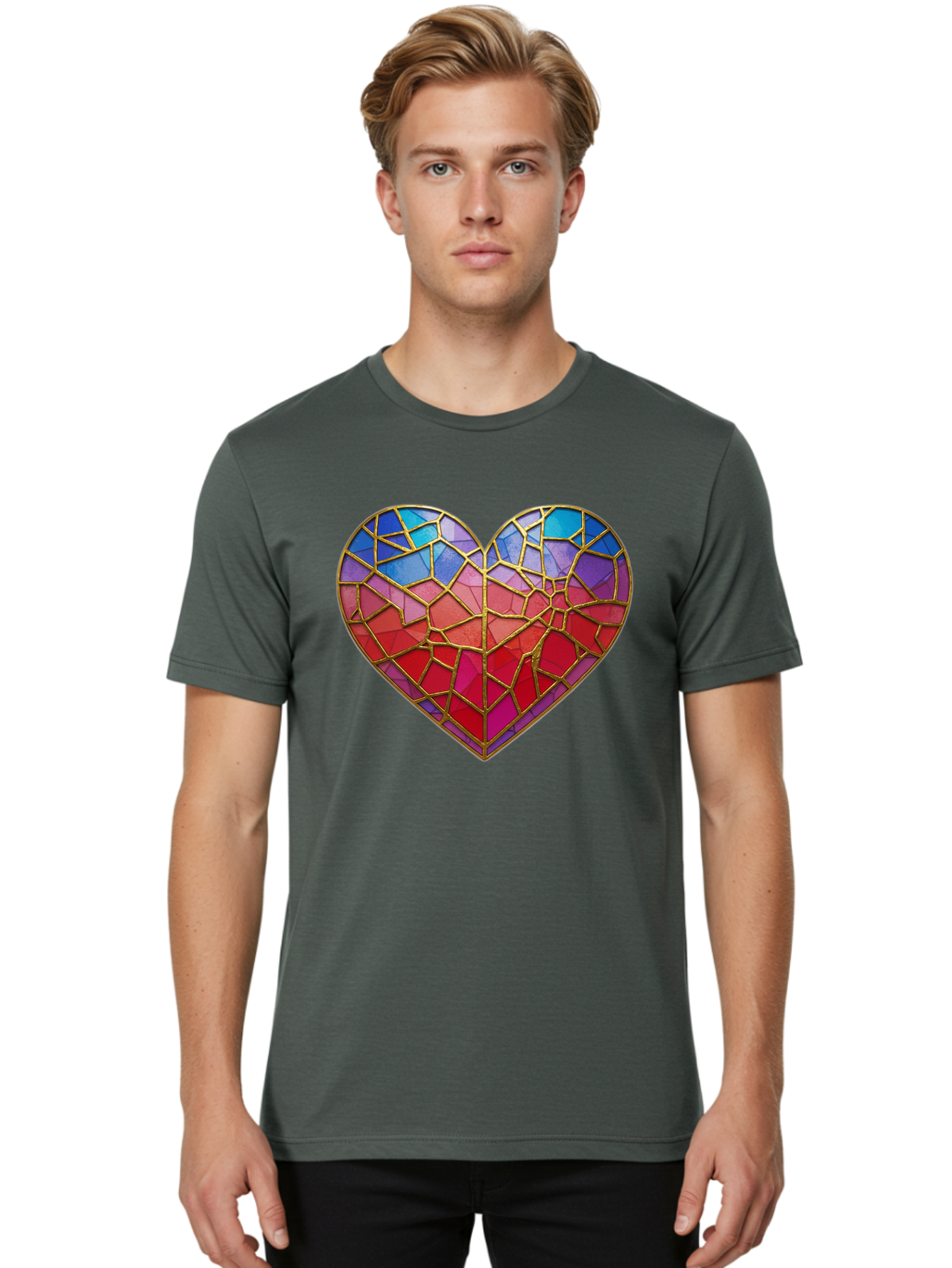 Heart-Mosaic Men'S Graphic Tee, 100% Cotton, Comfortable Casual Summer Wear, Machine Washable, Mosaic Art, Stained Glass Heart, Vibrant Colors, Gold Accents, Love Symbol, Artistic Expression, Colorful Mosaic, Heart Shape Bae040