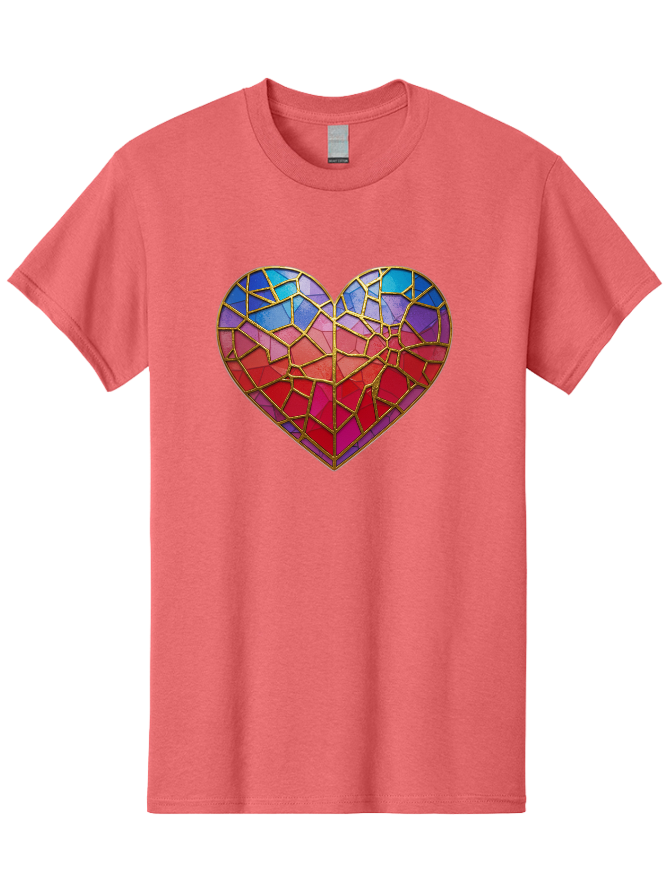 Heart-Mosaic Men'S Graphic Tee, 100% Cotton, Comfortable Casual Summer Wear, Machine Washable, Mosaic Art, Stained Glass Heart, Vibrant Colors, Gold Accents, Love Symbol, Artistic Expression, Colorful Mosaic, Heart Shape Bae040