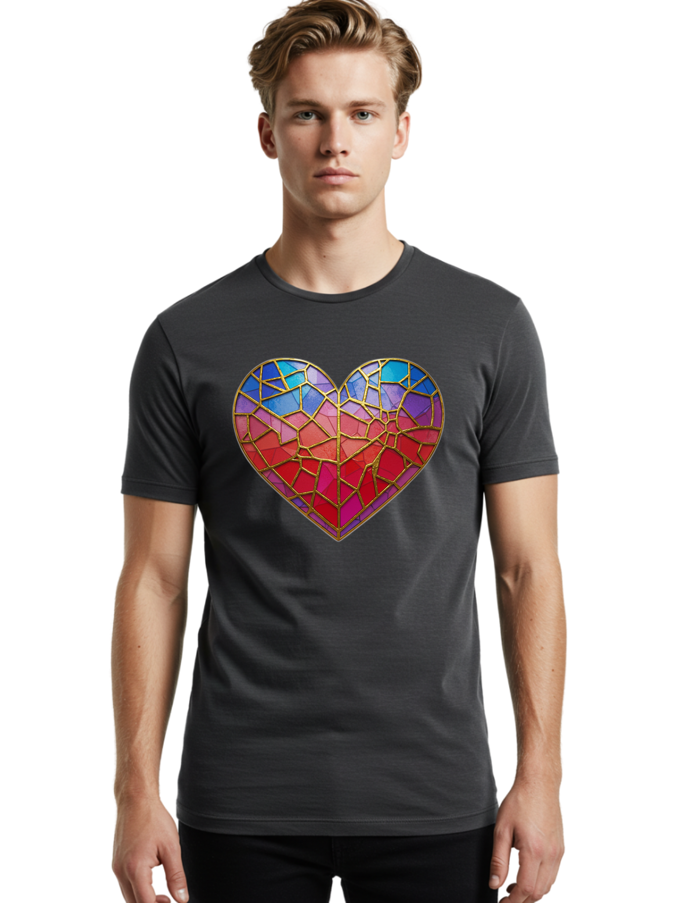Heart-Mosaic Men'S Graphic Tee, 100% Cotton, Comfortable Casual Summer Wear, Machine Washable, Mosaic Art, Stained Glass Heart, Vibrant Colors, Gold Accents, Love Symbol, Artistic Expression, Colorful Mosaic, Heart Shape Bae040