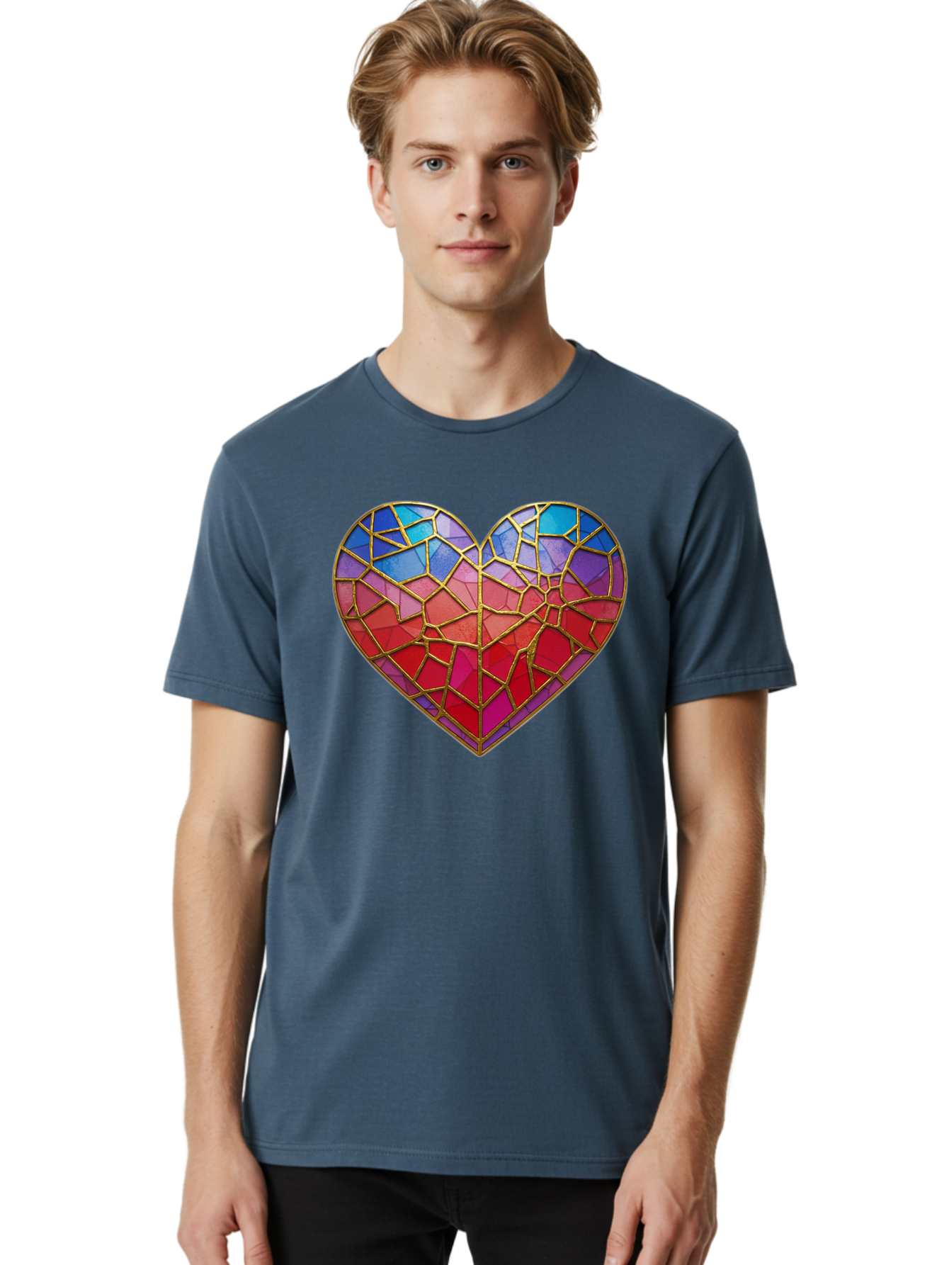 Heart-Mosaic Men'S Graphic Tee, 100% Cotton, Comfortable Casual Summer Wear, Machine Washable, Mosaic Art, Stained Glass Heart, Vibrant Colors, Gold Accents, Love Symbol, Artistic Expression, Colorful Mosaic, Heart Shape Bae040