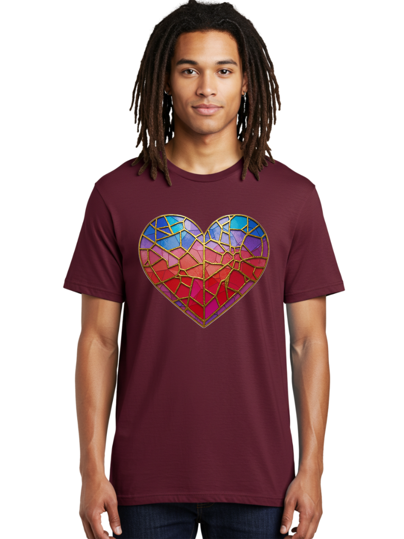 Heart-Mosaic Men'S Graphic Tee, 100% Cotton, Comfortable Casual Summer Wear, Machine Washable, Mosaic Art, Stained Glass Heart, Vibrant Colors, Gold Accents, Love Symbol, Artistic Expression, Colorful Mosaic, Heart Shape Bae040