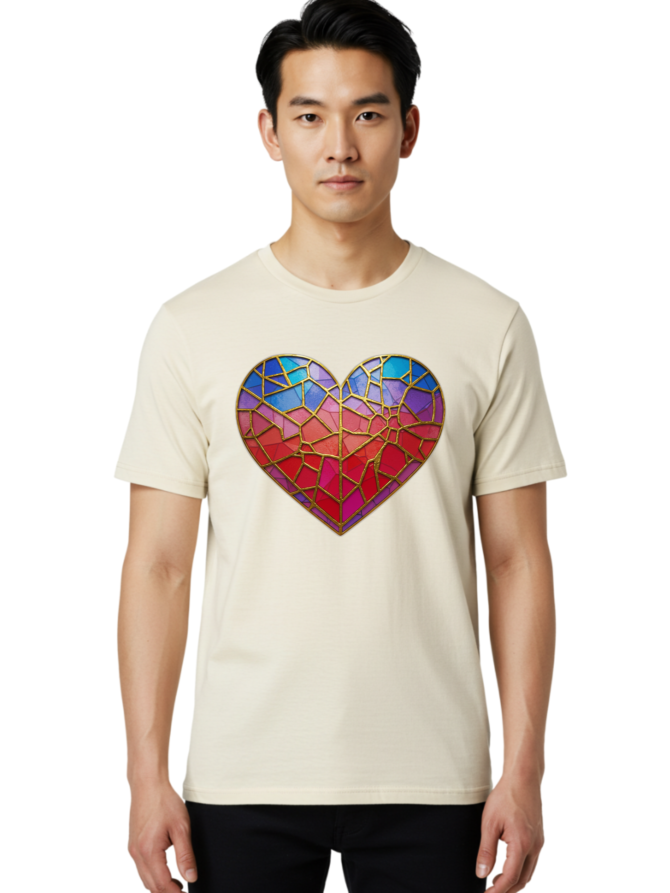 Heart-Mosaic Men'S Graphic Tee, 100% Cotton, Comfortable Casual Summer Wear, Machine Washable, Mosaic Art, Stained Glass Heart, Vibrant Colors, Gold Accents, Love Symbol, Artistic Expression, Colorful Mosaic, Heart Shape Bae040