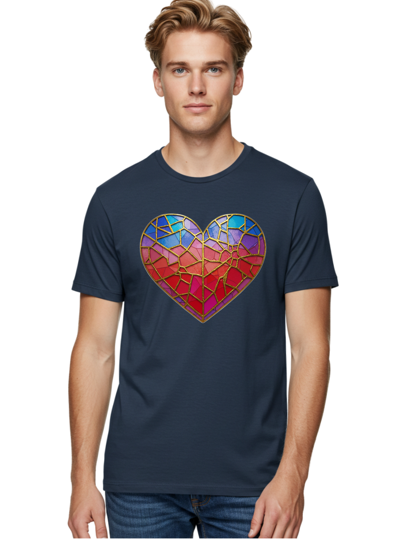 Heart-Mosaic Men'S Graphic Tee, 100% Cotton, Comfortable Casual Summer Wear, Machine Washable, Mosaic Art, Stained Glass Heart, Vibrant Colors, Gold Accents, Love Symbol, Artistic Expression, Colorful Mosaic, Heart Shape Bae040