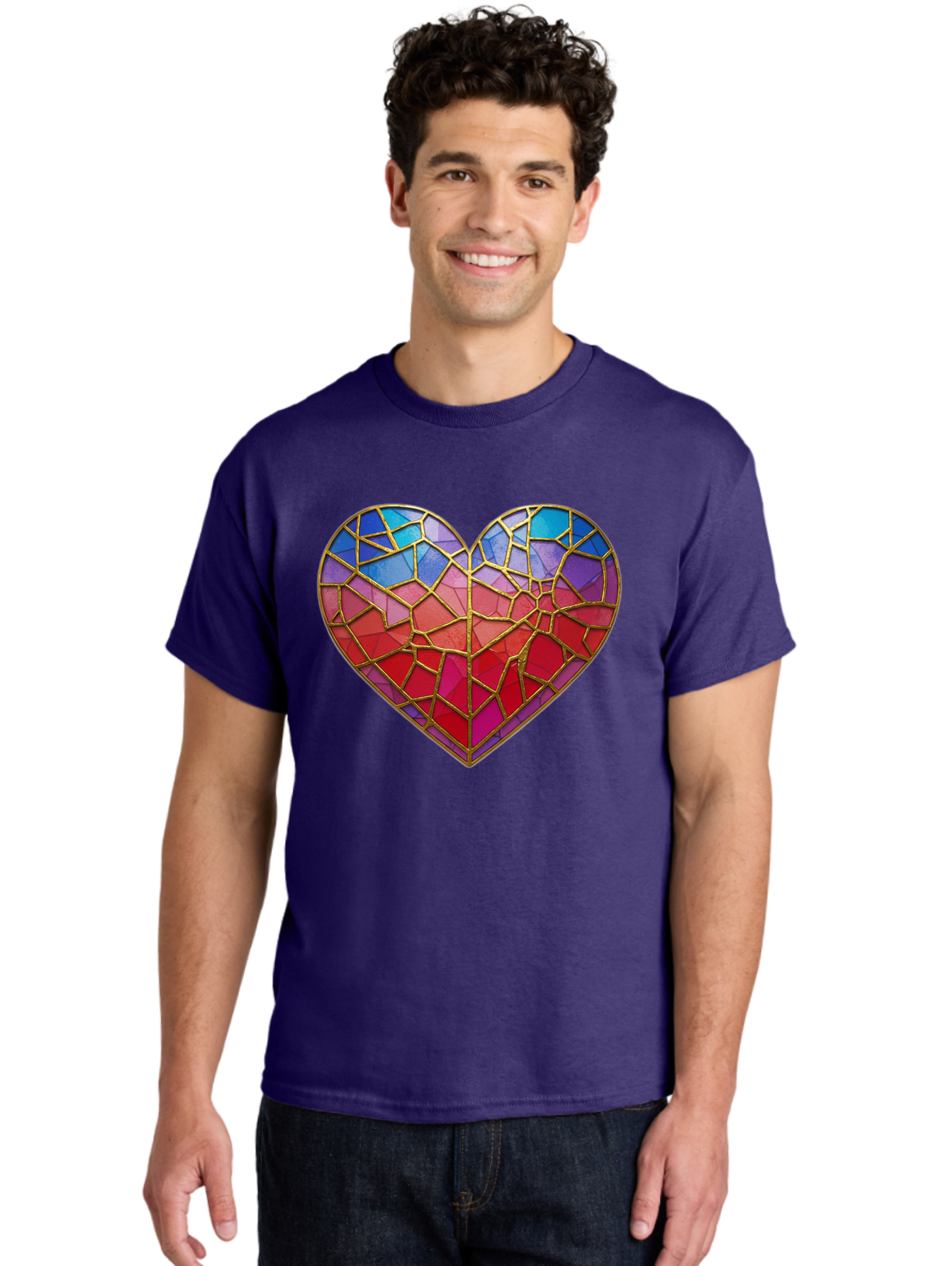 Heart-Mosaic Men'S Graphic Tee, 100% Cotton, Comfortable Casual Summer Wear, Machine Washable, Mosaic Art, Stained Glass Heart, Vibrant Colors, Gold Accents, Love Symbol, Artistic Expression, Colorful Mosaic, Heart Shape Bae040