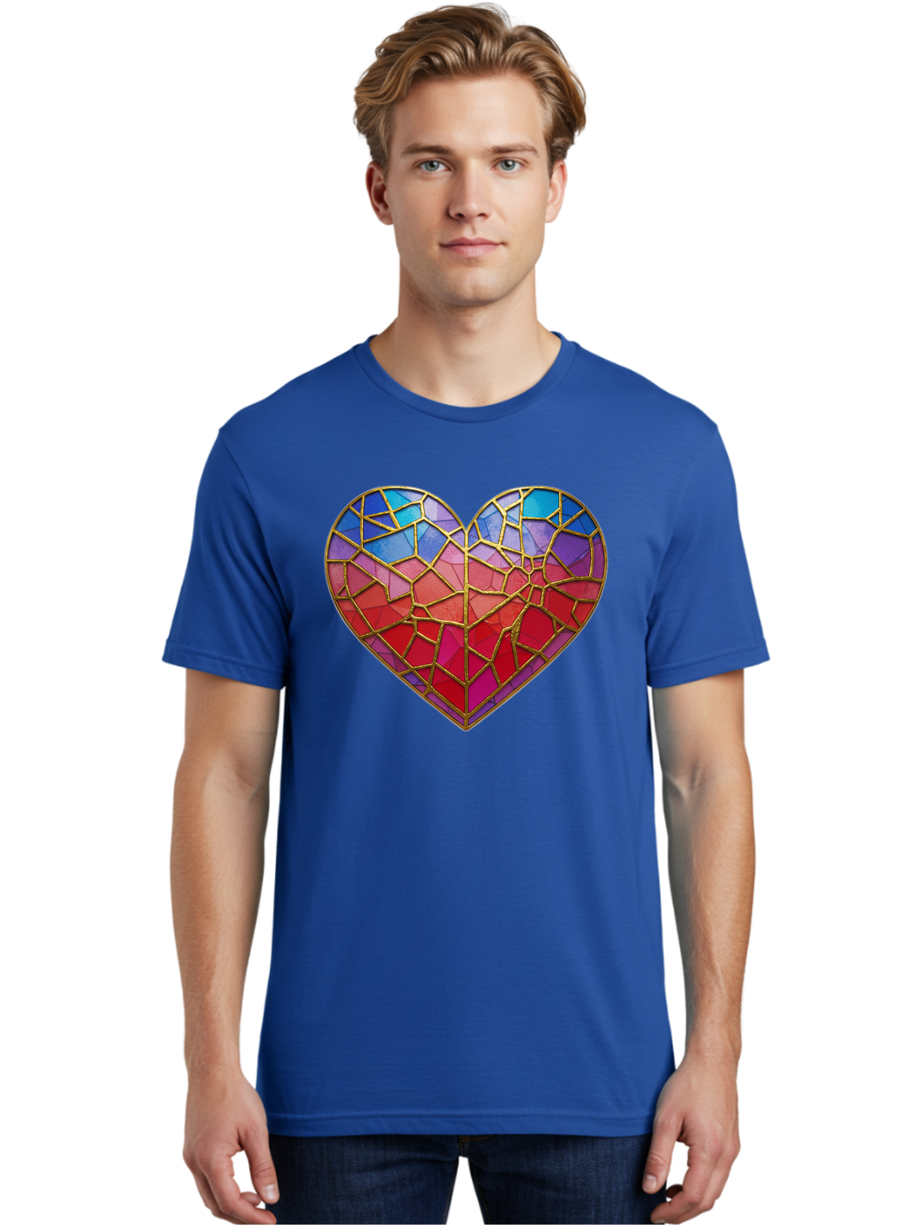 Heart-Mosaic Men'S Graphic Tee, 100% Cotton, Comfortable Casual Summer Wear, Machine Washable, Mosaic Art, Stained Glass Heart, Vibrant Colors, Gold Accents, Love Symbol, Artistic Expression, Colorful Mosaic, Heart Shape Bae040