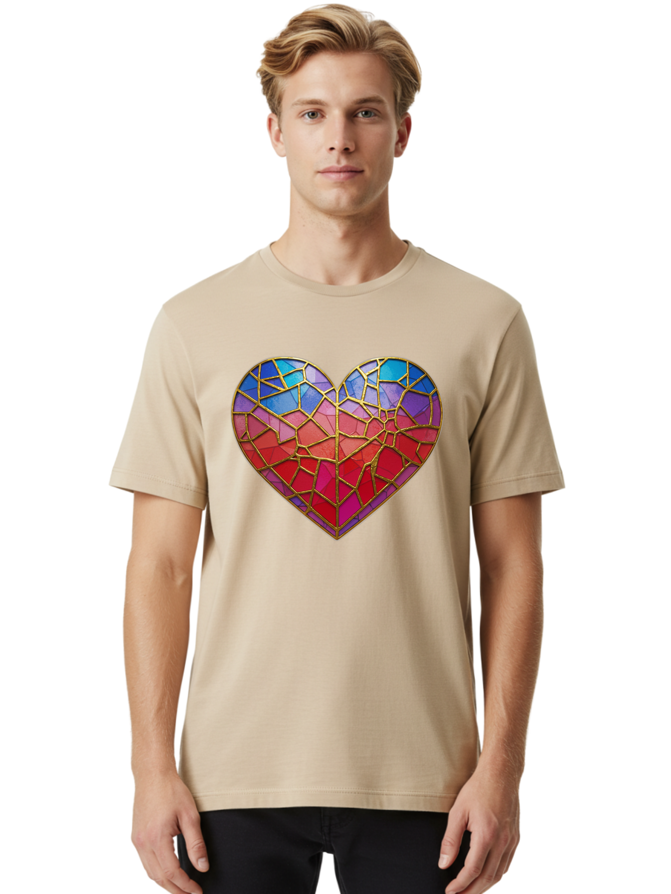Heart-Mosaic Men'S Graphic Tee, 100% Cotton, Comfortable Casual Summer Wear, Machine Washable, Mosaic Art, Stained Glass Heart, Vibrant Colors, Gold Accents, Love Symbol, Artistic Expression, Colorful Mosaic, Heart Shape Bae040