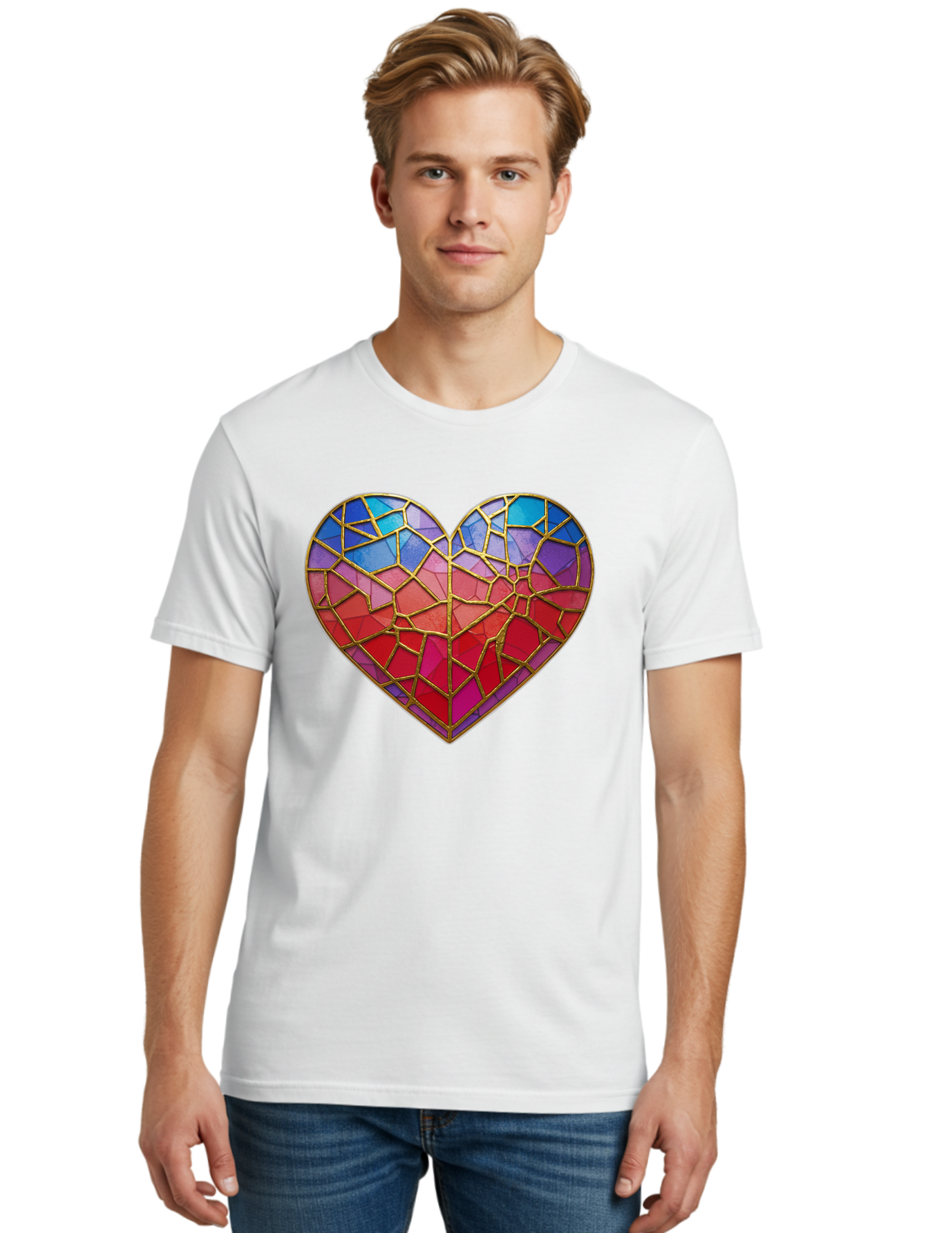 Heart-Mosaic Men'S Graphic Tee, 100% Cotton, Comfortable Casual Summer Wear, Machine Washable, Mosaic Art, Stained Glass Heart, Vibrant Colors, Gold Accents, Love Symbol, Artistic Expression, Colorful Mosaic, Heart Shape Bae040