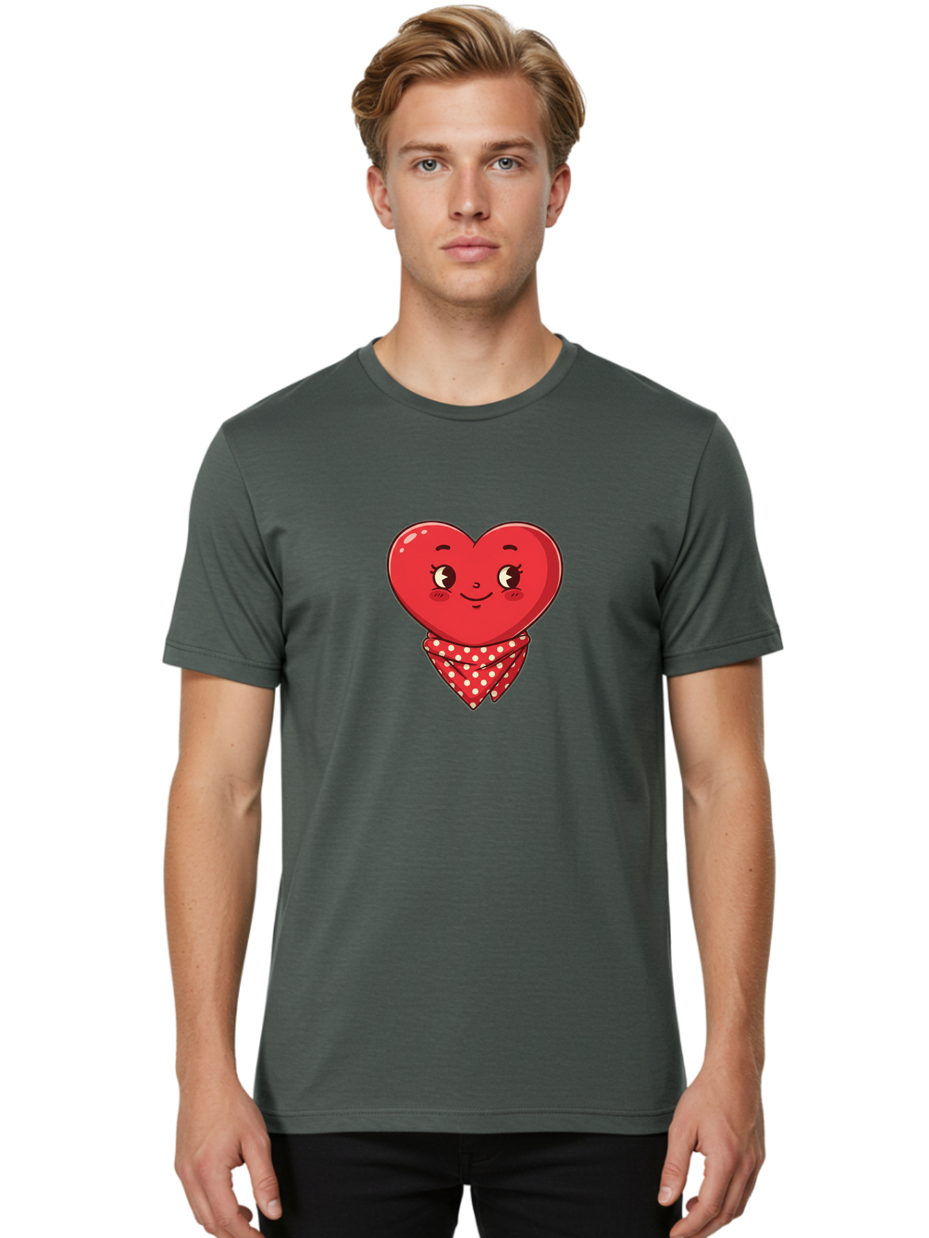 Heart-With-Bandana Men'S Graphic Tee, 100% Cotton, Comfortable Casual Summer Wear, Machine Washable, Cartoon Heart, Red Heart, Smiling Face, Heart With Bandana, Polka Dot Bandana, Cute Design, Valentines Day, Love Symbol Bae041