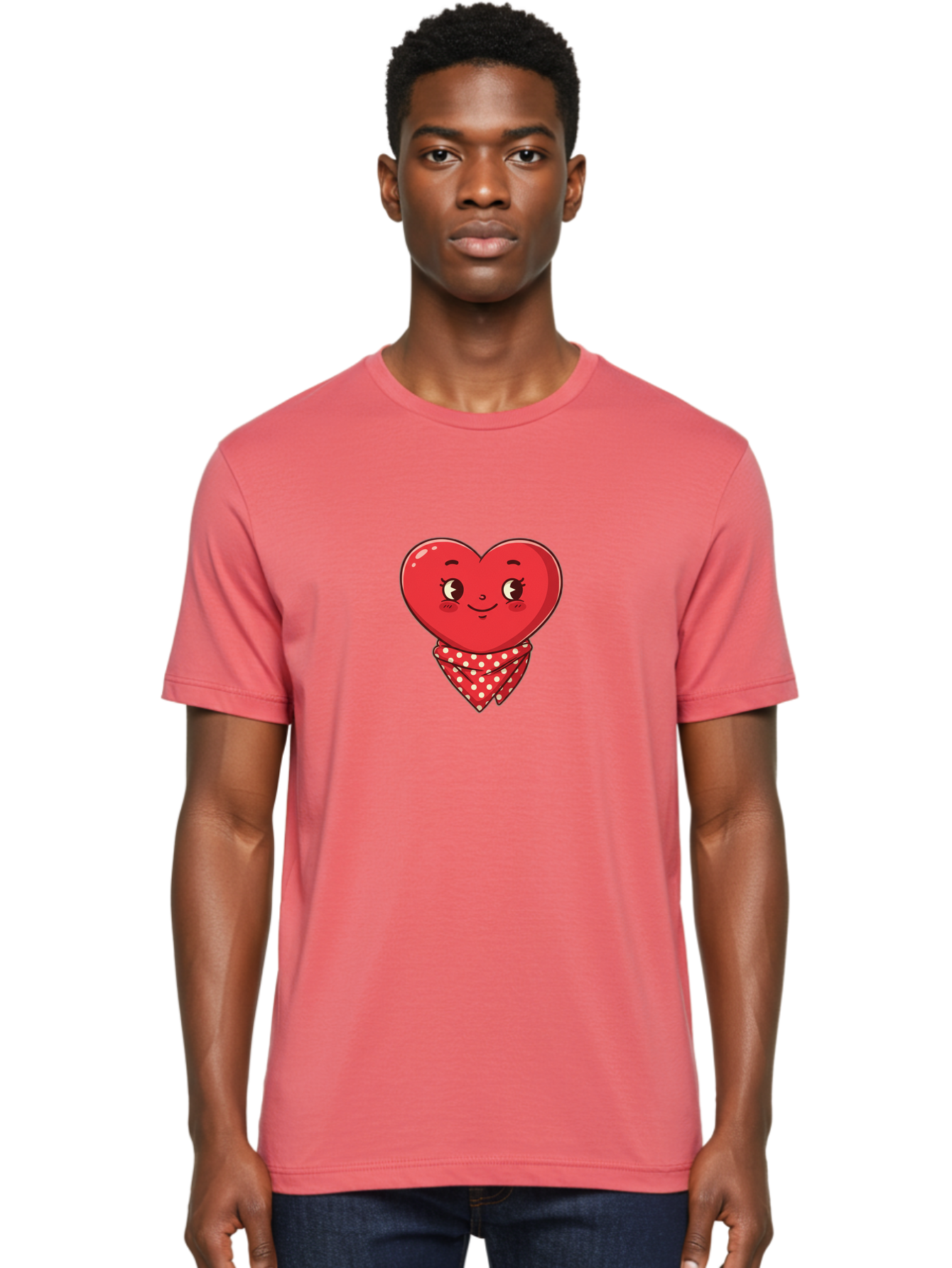 Heart-With-Bandana Men'S Graphic Tee, 100% Cotton, Comfortable Casual Summer Wear, Machine Washable, Cartoon Heart, Red Heart, Smiling Face, Heart With Bandana, Polka Dot Bandana, Cute Design, Valentines Day, Love Symbol Bae041
