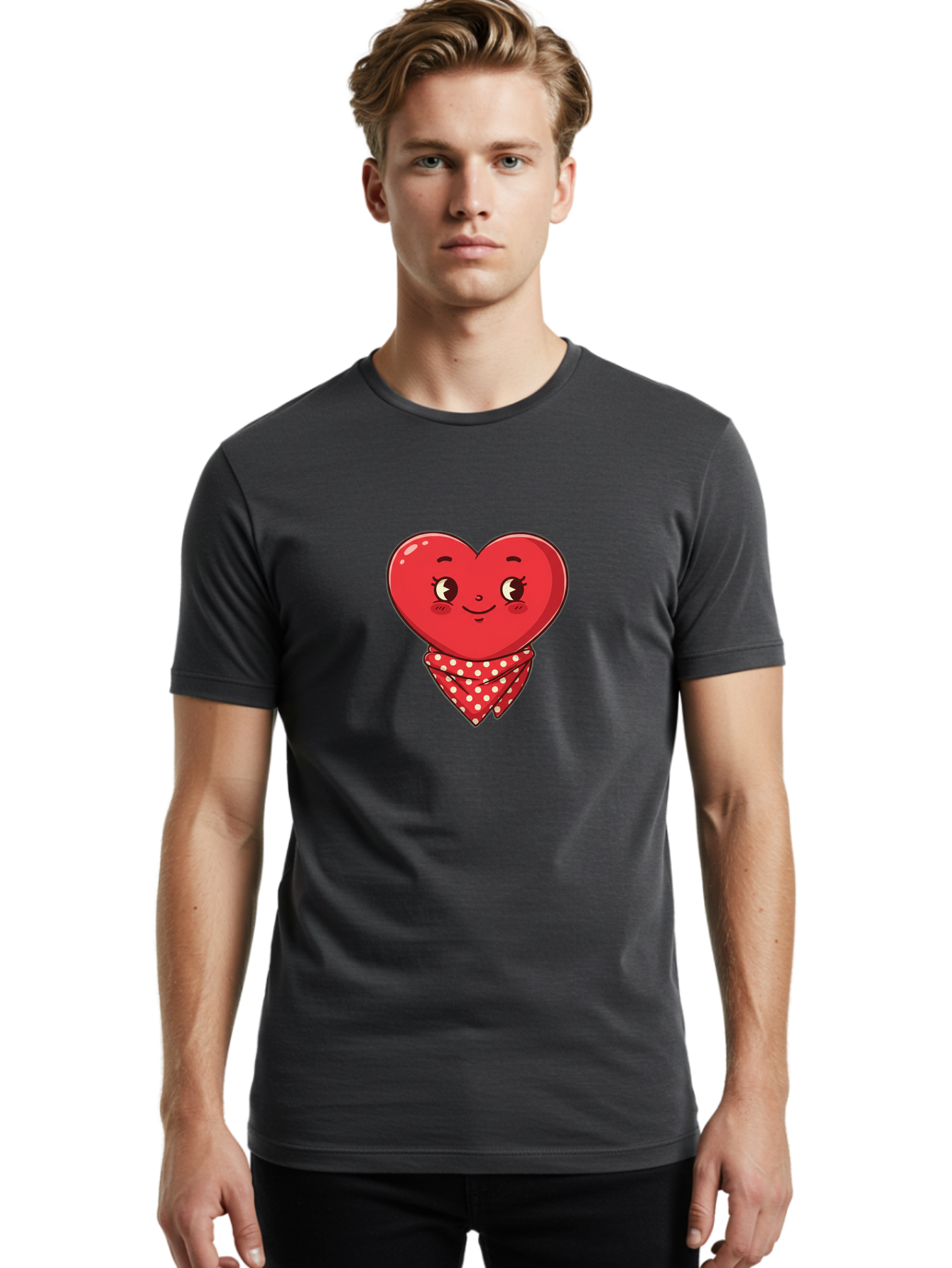 Heart-With-Bandana Men'S Graphic Tee, 100% Cotton, Comfortable Casual Summer Wear, Machine Washable, Cartoon Heart, Red Heart, Smiling Face, Heart With Bandana, Polka Dot Bandana, Cute Design, Valentines Day, Love Symbol Bae041