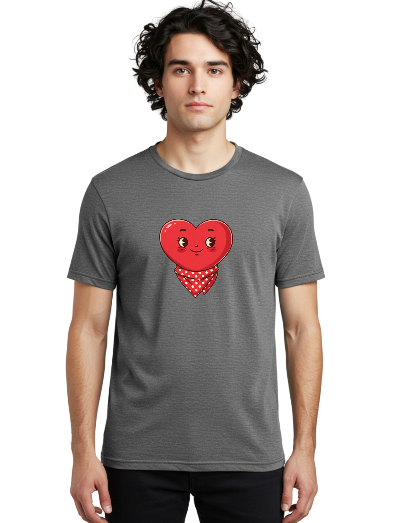 Heart-With-Bandana Men'S Graphic Tee, 100% Cotton, Comfortable Casual Summer Wear, Machine Washable, Cartoon Heart, Red Heart, Smiling Face, Heart With Bandana, Polka Dot Bandana, Cute Design, Valentines Day, Love Symbol Bae041