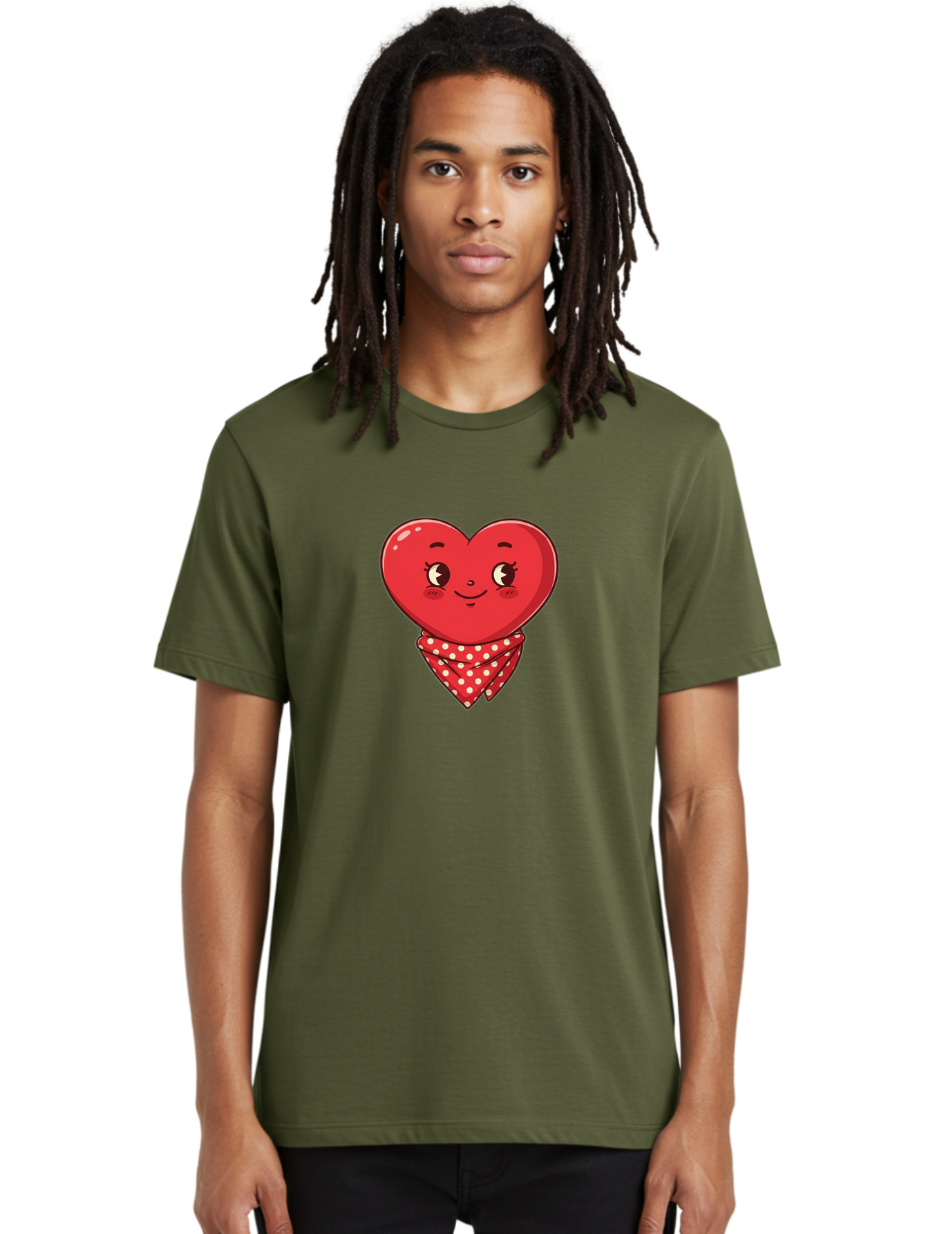 Heart-With-Bandana Men'S Graphic Tee, 100% Cotton, Comfortable Casual Summer Wear, Machine Washable, Cartoon Heart, Red Heart, Smiling Face, Heart With Bandana, Polka Dot Bandana, Cute Design, Valentines Day, Love Symbol Bae041