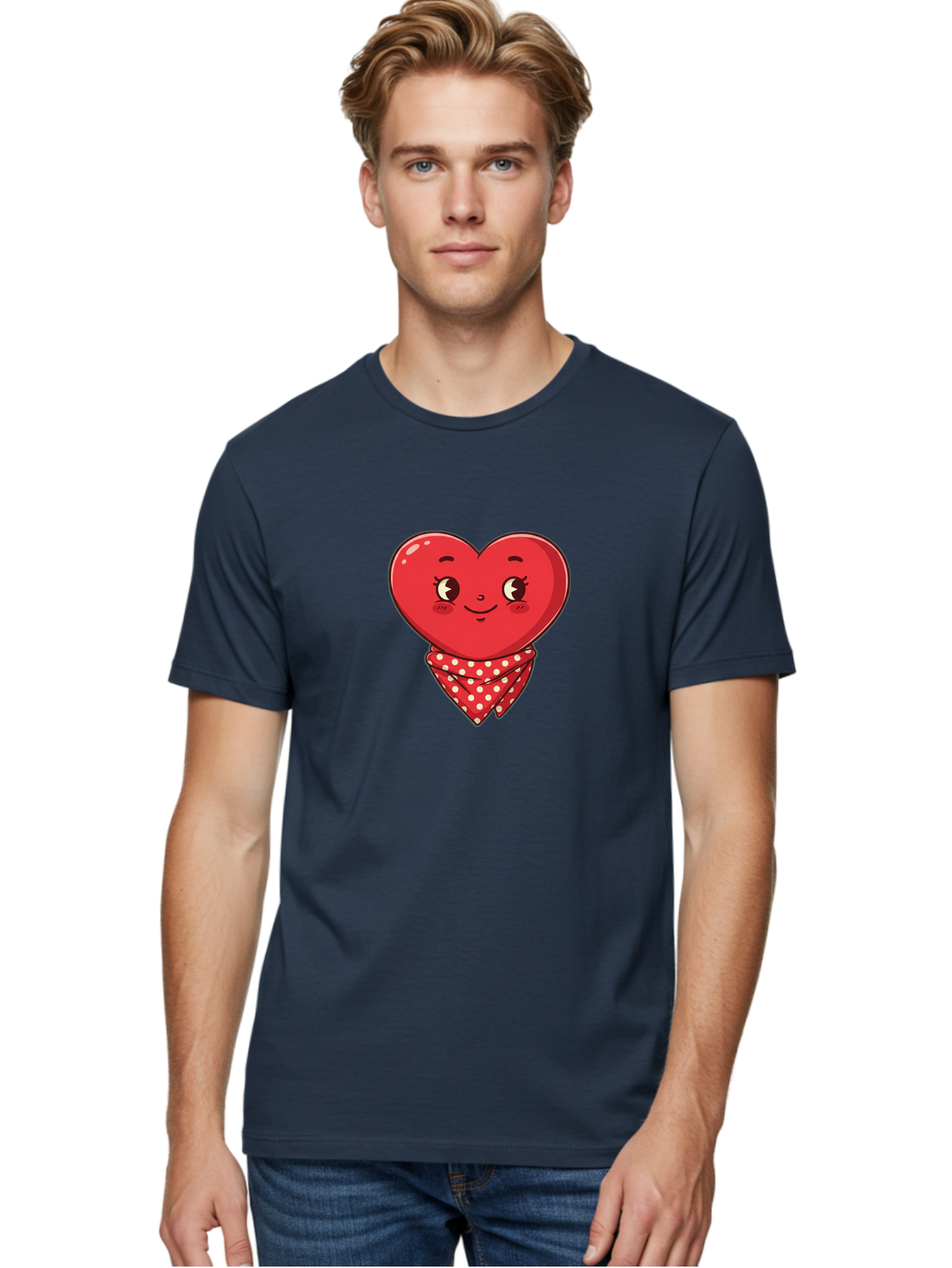 Heart-With-Bandana Men'S Graphic Tee, 100% Cotton, Comfortable Casual Summer Wear, Machine Washable, Cartoon Heart, Red Heart, Smiling Face, Heart With Bandana, Polka Dot Bandana, Cute Design, Valentines Day, Love Symbol Bae041
