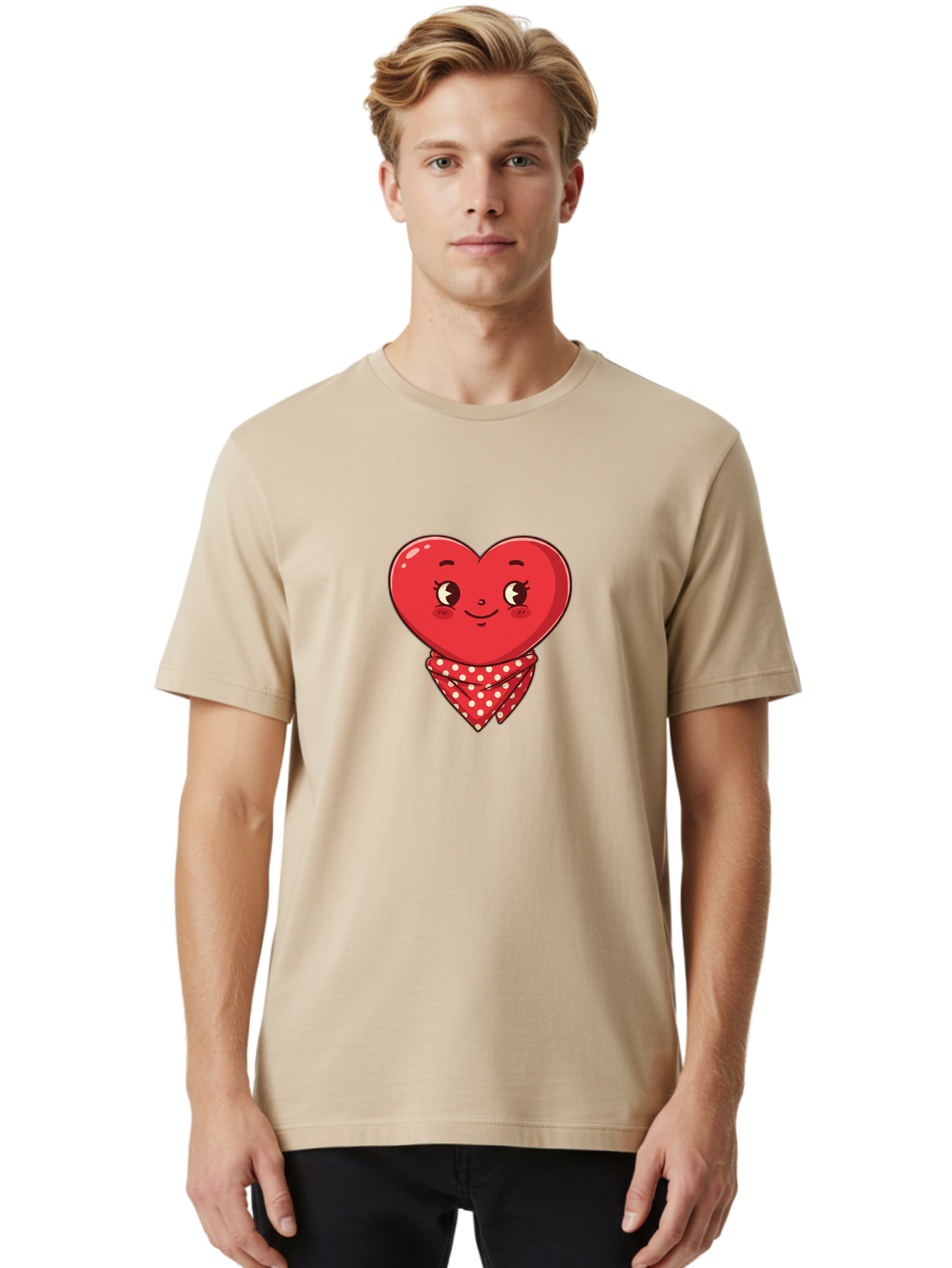 Heart-With-Bandana Men'S Graphic Tee, 100% Cotton, Comfortable Casual Summer Wear, Machine Washable, Cartoon Heart, Red Heart, Smiling Face, Heart With Bandana, Polka Dot Bandana, Cute Design, Valentines Day, Love Symbol Bae041