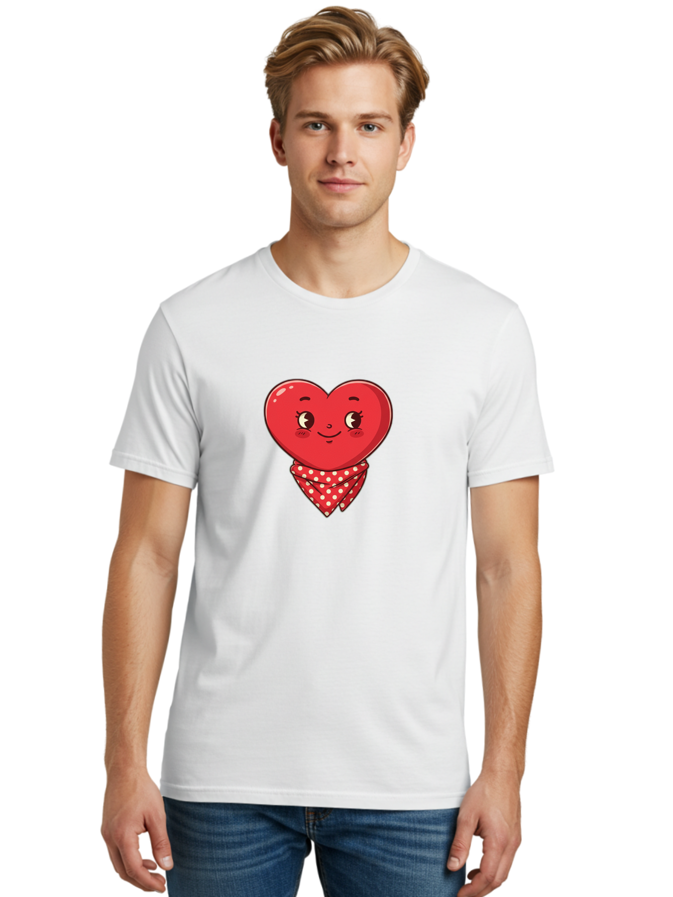 Heart-With-Bandana Men'S Graphic Tee, 100% Cotton, Comfortable Casual Summer Wear, Machine Washable, Cartoon Heart, Red Heart, Smiling Face, Heart With Bandana, Polka Dot Bandana, Cute Design, Valentines Day, Love Symbol Bae041