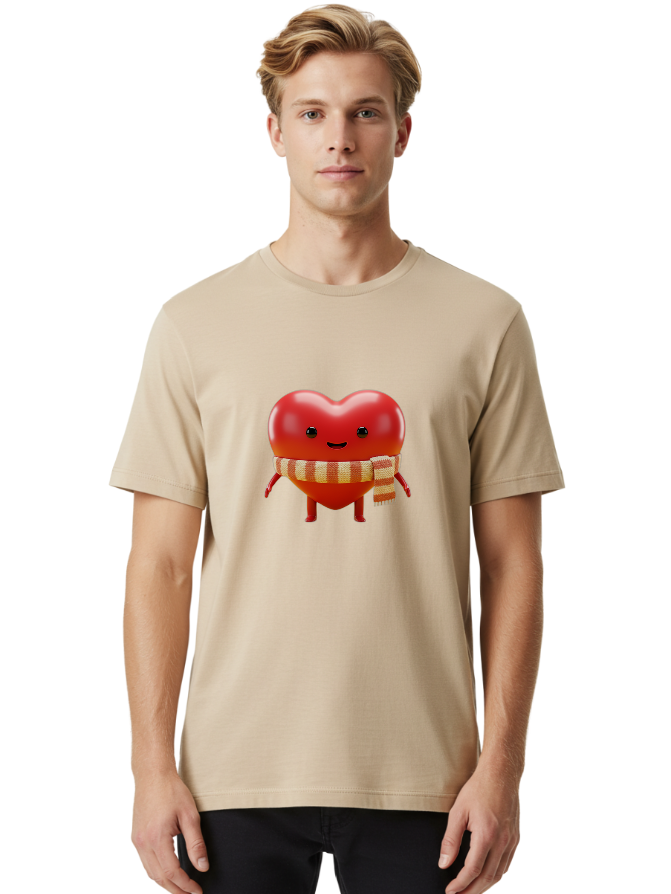 Heart-With-Scarf-1 Men'S Graphic Tee, 100% Cotton, Comfortable Casual Summer Wear, Machine Washable, Cartoon Heart, Red Heart, Smiling Face, Striped Scarf, Winter Theme, Cute Character, Heart Symbol, Illustration Art, Digital Graphic, Bae042