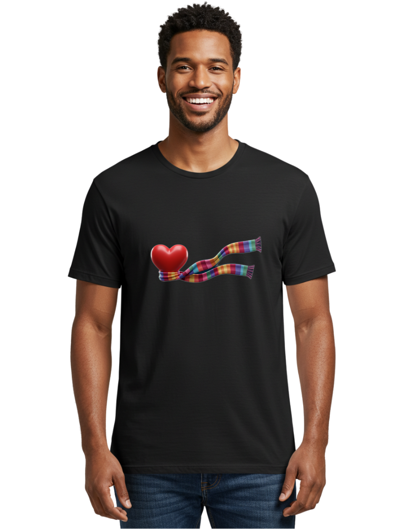Heart-With-Scarf-2 Men'S Graphic Tee, 100% Cotton, Comfortable Casual Summer Wear, Machine Washable, Red Heart Wrapped In A Scarf, Plaid Pattern, Vibrant Colors, Festive Atmosphere, Love Symbol, Winter Theme, Cozy Feeling Bae043
