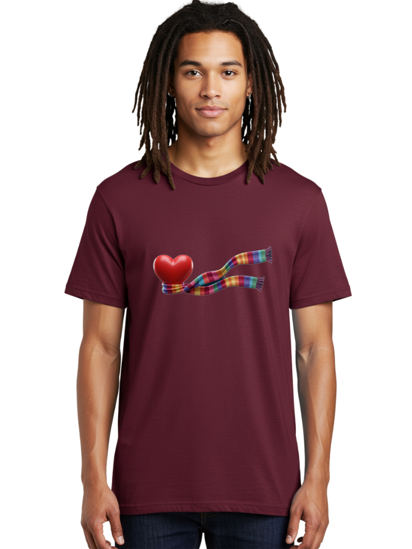 Heart-With-Scarf-2 Men'S Graphic Tee, 100% Cotton, Comfortable Casual Summer Wear, Machine Washable, Red Heart Wrapped In A Scarf, Plaid Pattern, Vibrant Colors, Festive Atmosphere, Love Symbol, Winter Theme, Cozy Feeling Bae043