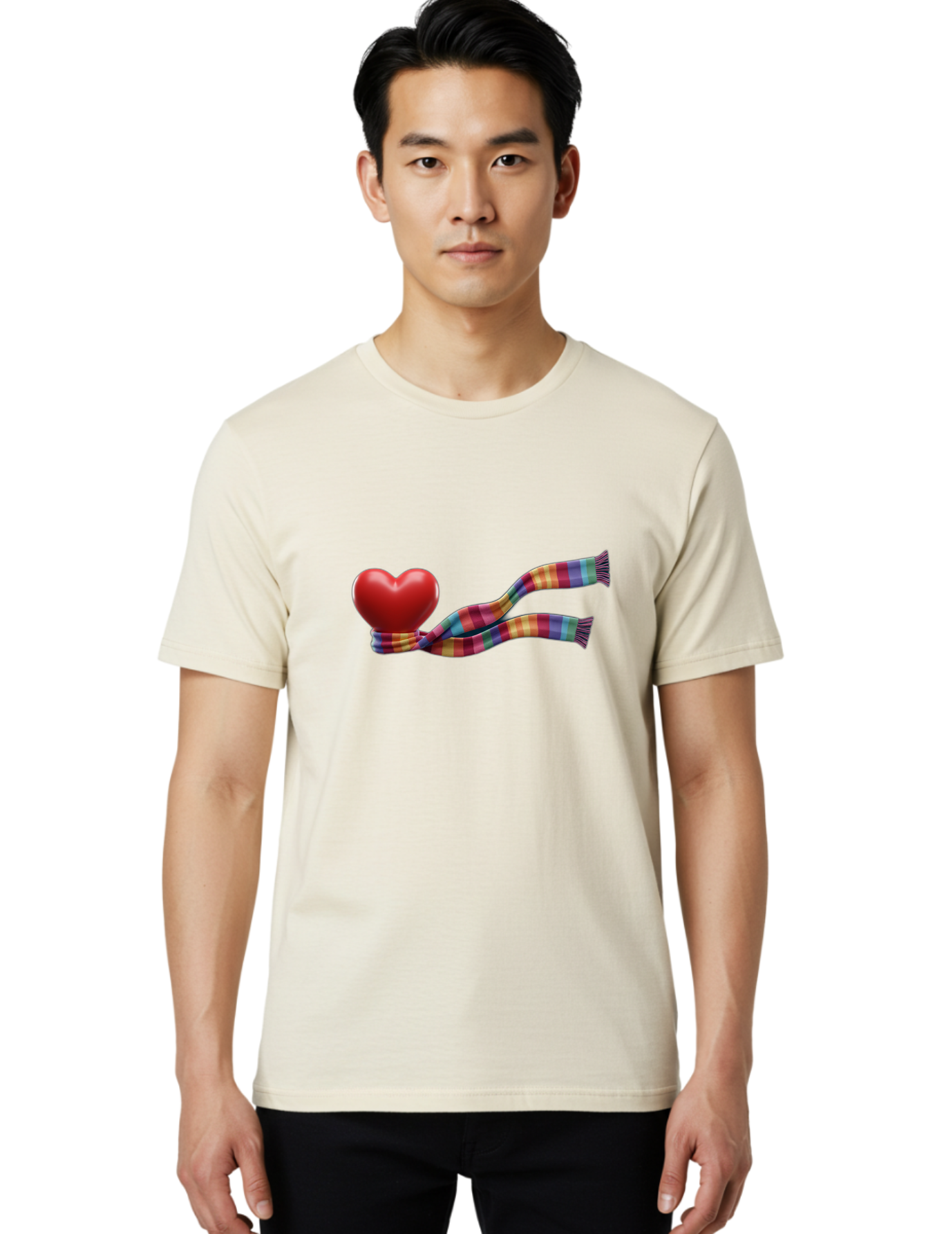 Heart-With-Scarf-2 Men'S Graphic Tee, 100% Cotton, Comfortable Casual Summer Wear, Machine Washable, Red Heart Wrapped In A Scarf, Plaid Pattern, Vibrant Colors, Festive Atmosphere, Love Symbol, Winter Theme, Cozy Feeling Bae043