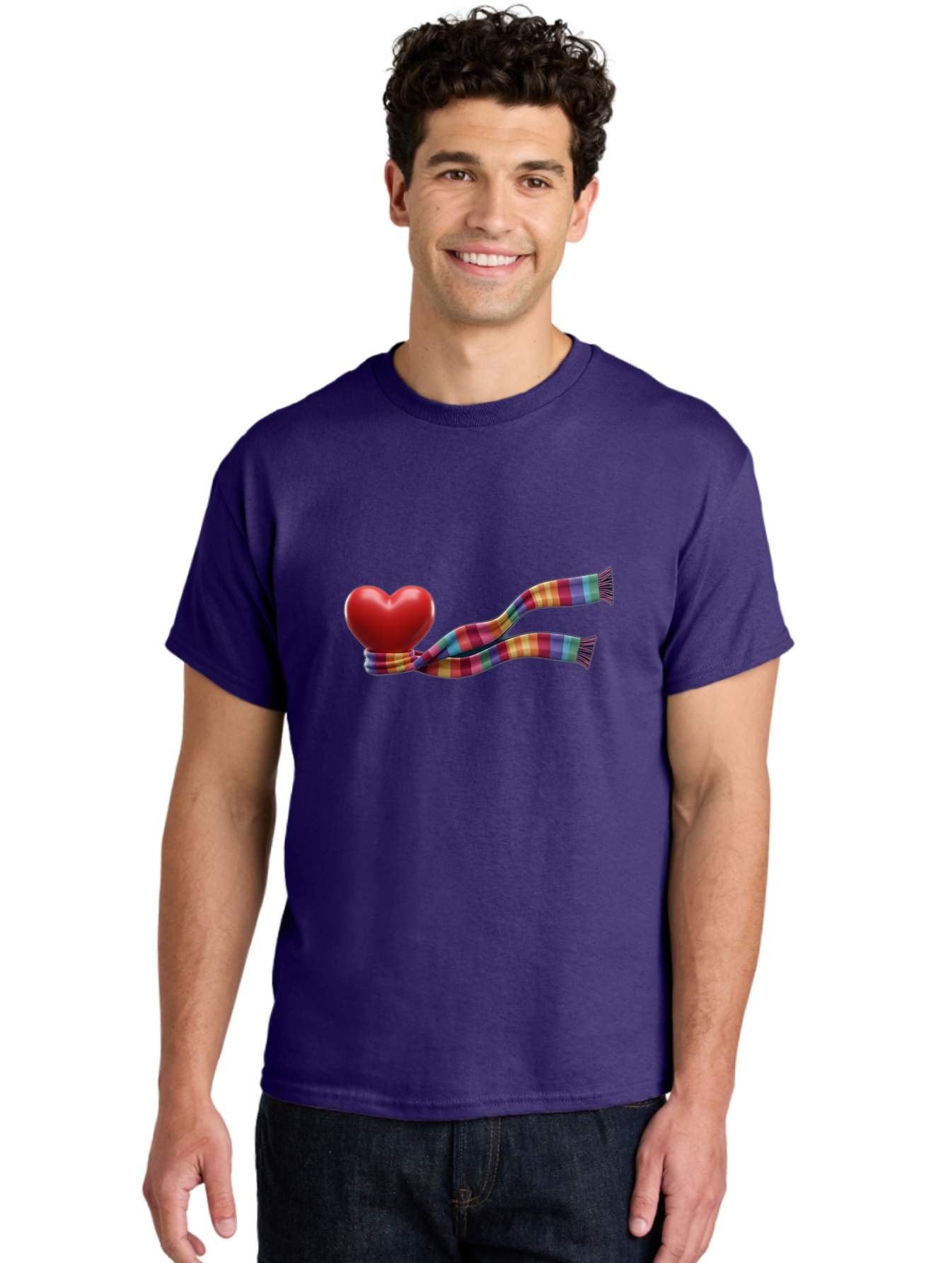 Heart-With-Scarf-2 Men'S Graphic Tee, 100% Cotton, Comfortable Casual Summer Wear, Machine Washable, Red Heart Wrapped In A Scarf, Plaid Pattern, Vibrant Colors, Festive Atmosphere, Love Symbol, Winter Theme, Cozy Feeling Bae043