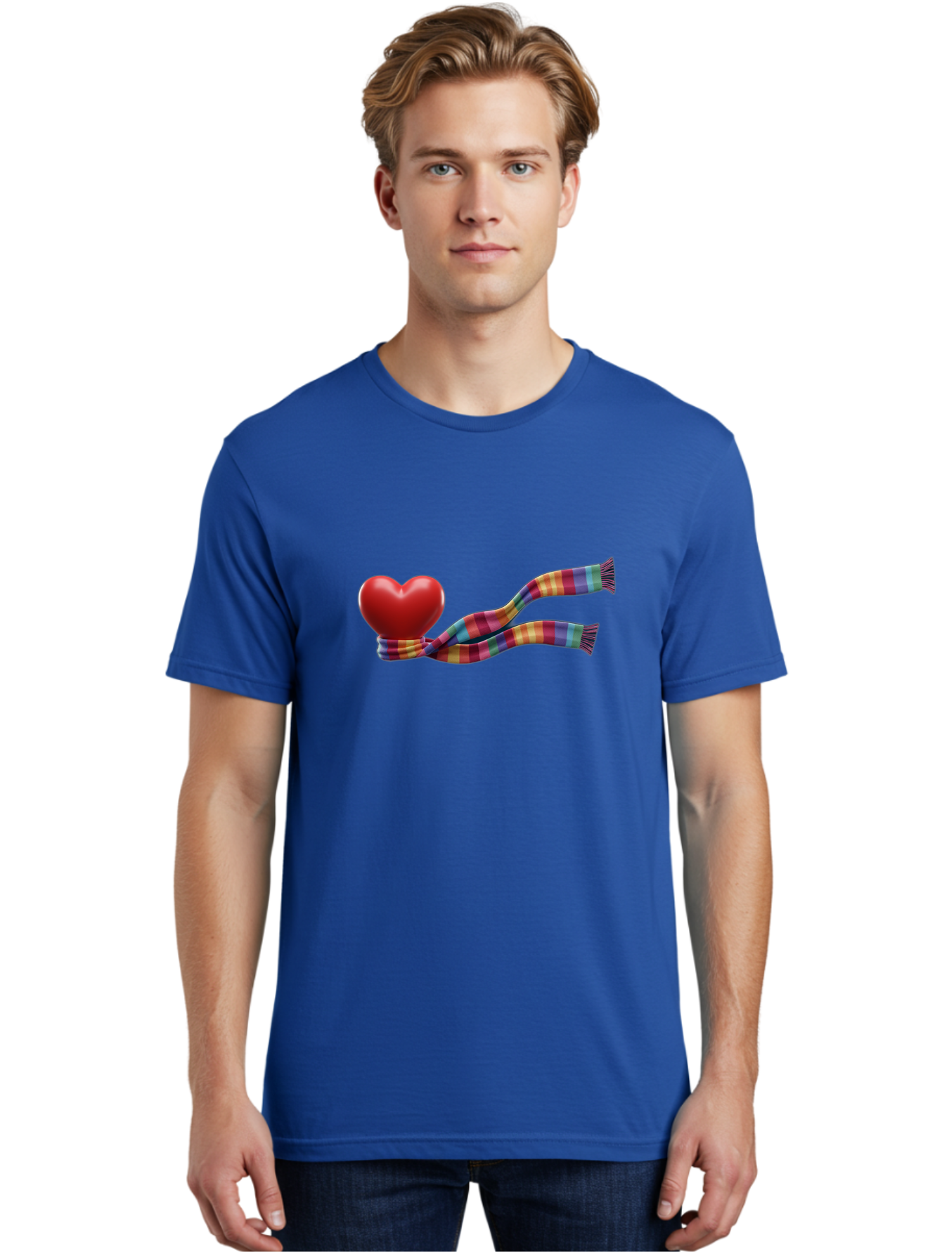 Heart-With-Scarf-2 Men'S Graphic Tee, 100% Cotton, Comfortable Casual Summer Wear, Machine Washable, Red Heart Wrapped In A Scarf, Plaid Pattern, Vibrant Colors, Festive Atmosphere, Love Symbol, Winter Theme, Cozy Feeling Bae043