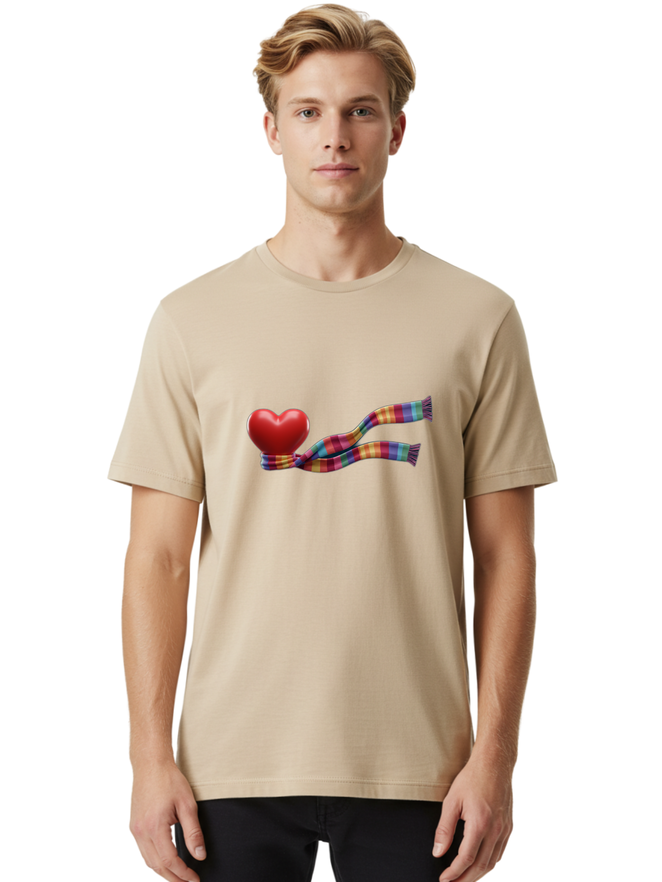 Heart-With-Scarf-2 Men'S Graphic Tee, 100% Cotton, Comfortable Casual Summer Wear, Machine Washable, Red Heart Wrapped In A Scarf, Plaid Pattern, Vibrant Colors, Festive Atmosphere, Love Symbol, Winter Theme, Cozy Feeling Bae043