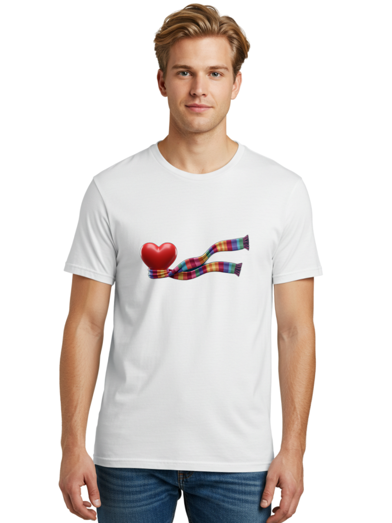 Heart-With-Scarf-2 Men'S Graphic Tee, 100% Cotton, Comfortable Casual Summer Wear, Machine Washable, Red Heart Wrapped In A Scarf, Plaid Pattern, Vibrant Colors, Festive Atmosphere, Love Symbol, Winter Theme, Cozy Feeling Bae043