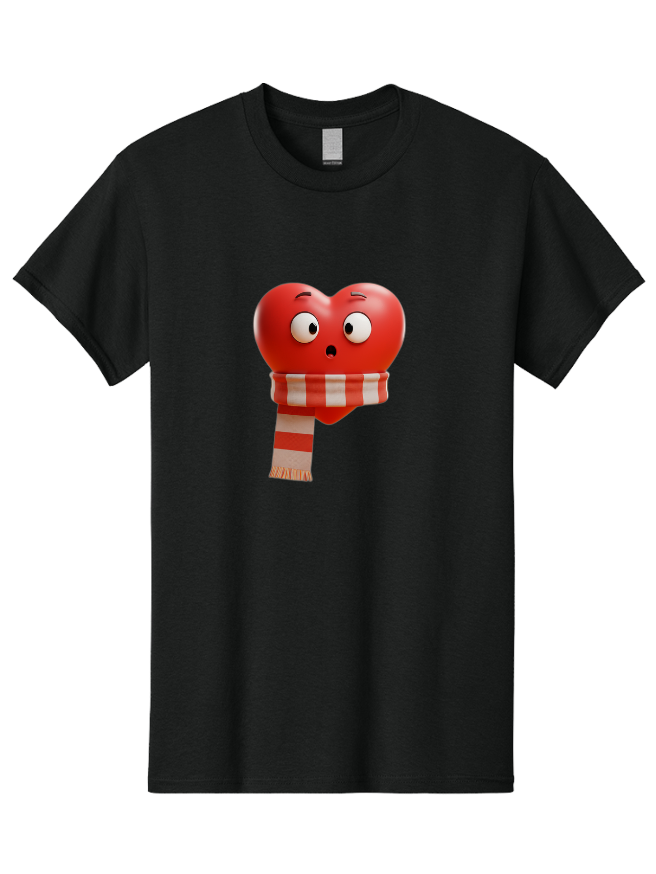 Heart-With-Scarf-3 Men'S Graphic Tee, 100% Cotton, Comfortable Casual Summer Wear, Machine Washable, Cartoon Heart, Red Heart, Surprised Face, Scarf Wrapped, Striped Scarf, 3D Character, Funny Expression, Cute Design, Winter Accessory, Bae044