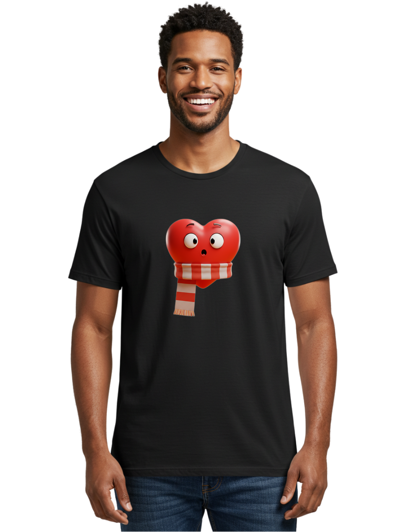 Heart-With-Scarf-3 Men'S Graphic Tee, 100% Cotton, Comfortable Casual Summer Wear, Machine Washable, Cartoon Heart, Red Heart, Surprised Face, Scarf Wrapped, Striped Scarf, 3D Character, Funny Expression, Cute Design, Winter Accessory, Bae044
