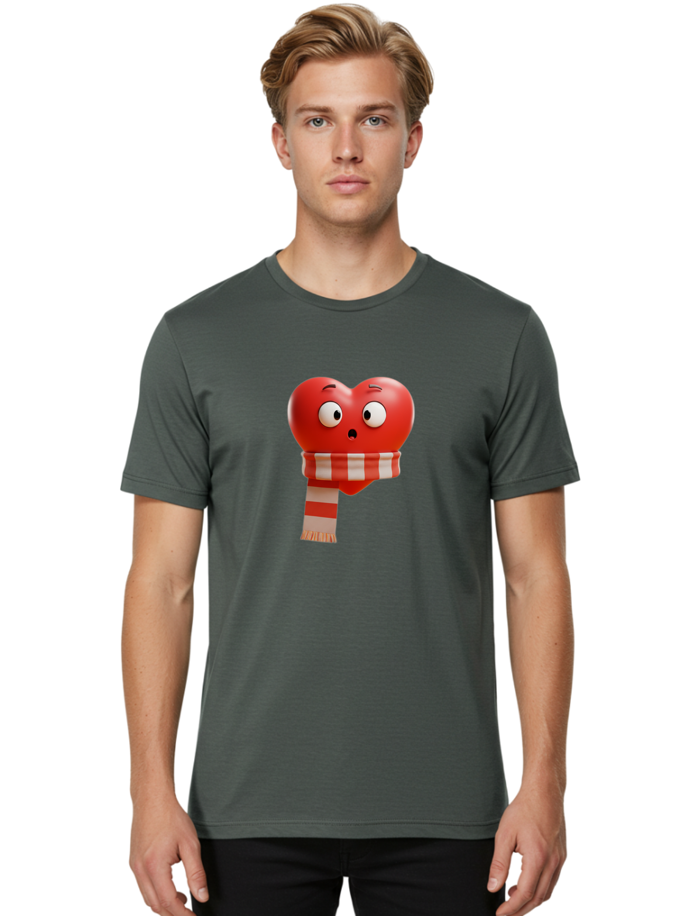 Heart-With-Scarf-3 Men'S Graphic Tee, 100% Cotton, Comfortable Casual Summer Wear, Machine Washable, Cartoon Heart, Red Heart, Surprised Face, Scarf Wrapped, Striped Scarf, 3D Character, Funny Expression, Cute Design, Winter Accessory, Bae044