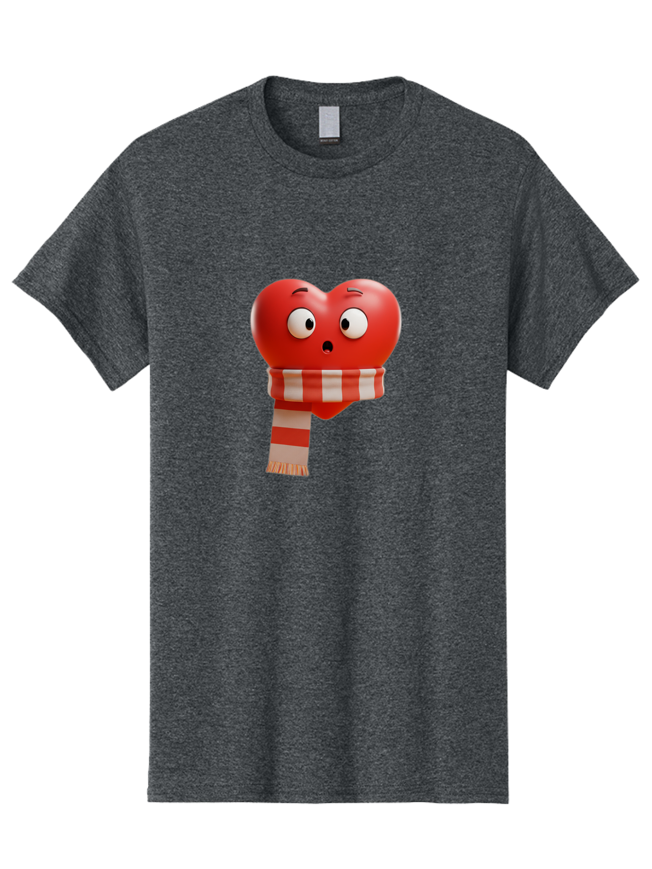 Heart-With-Scarf-3 Men'S Graphic Tee, 100% Cotton, Comfortable Casual Summer Wear, Machine Washable, Cartoon Heart, Red Heart, Surprised Face, Scarf Wrapped, Striped Scarf, 3D Character, Funny Expression, Cute Design, Winter Accessory, Bae044