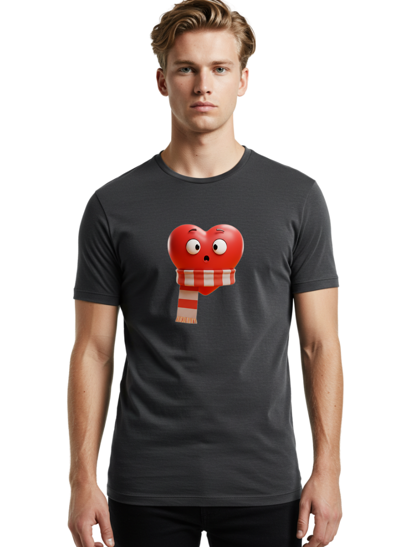 Heart-With-Scarf-3 Men'S Graphic Tee, 100% Cotton, Comfortable Casual Summer Wear, Machine Washable, Cartoon Heart, Red Heart, Surprised Face, Scarf Wrapped, Striped Scarf, 3D Character, Funny Expression, Cute Design, Winter Accessory, Bae044