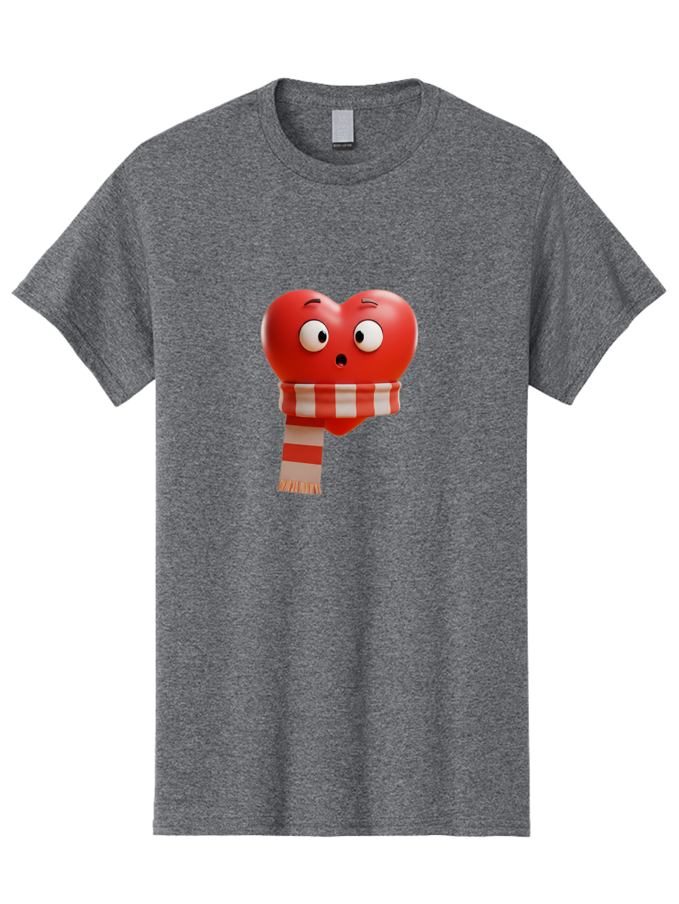 Heart-With-Scarf-3 Men'S Graphic Tee, 100% Cotton, Comfortable Casual Summer Wear, Machine Washable, Cartoon Heart, Red Heart, Surprised Face, Scarf Wrapped, Striped Scarf, 3D Character, Funny Expression, Cute Design, Winter Accessory, Bae044