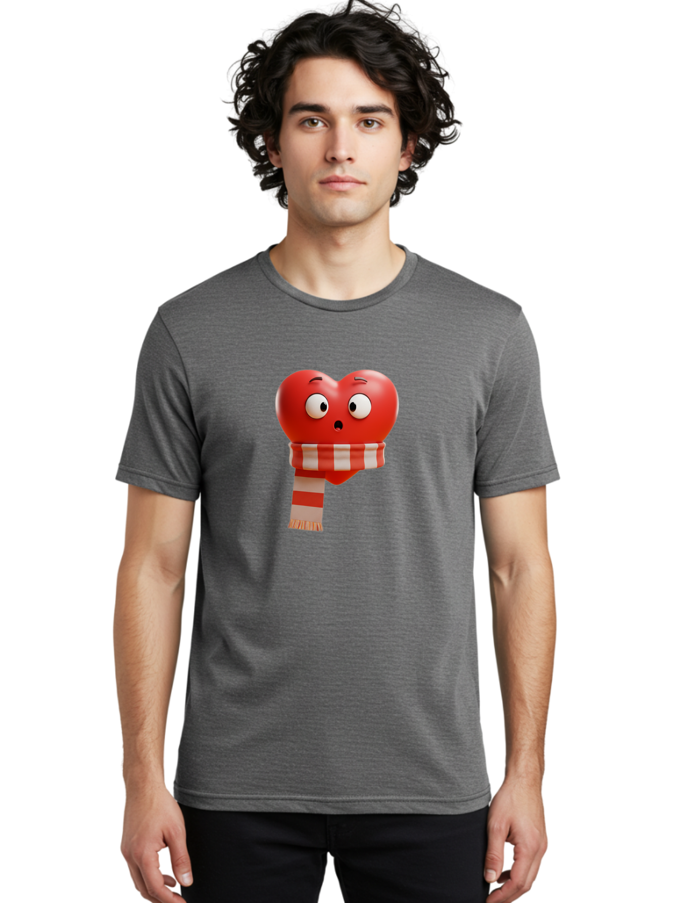 Heart-With-Scarf-3 Men'S Graphic Tee, 100% Cotton, Comfortable Casual Summer Wear, Machine Washable, Cartoon Heart, Red Heart, Surprised Face, Scarf Wrapped, Striped Scarf, 3D Character, Funny Expression, Cute Design, Winter Accessory, Bae044