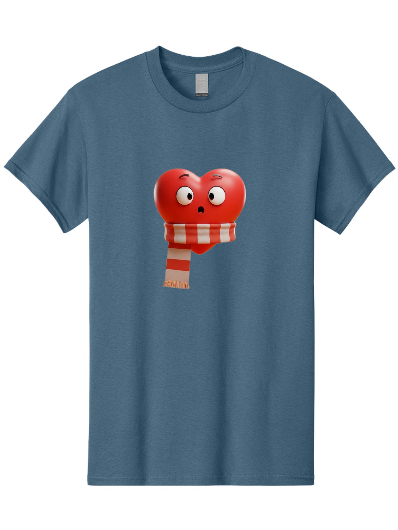 Heart-With-Scarf-3 Men'S Graphic Tee, 100% Cotton, Comfortable Casual Summer Wear, Machine Washable, Cartoon Heart, Red Heart, Surprised Face, Scarf Wrapped, Striped Scarf, 3D Character, Funny Expression, Cute Design, Winter Accessory, Bae044