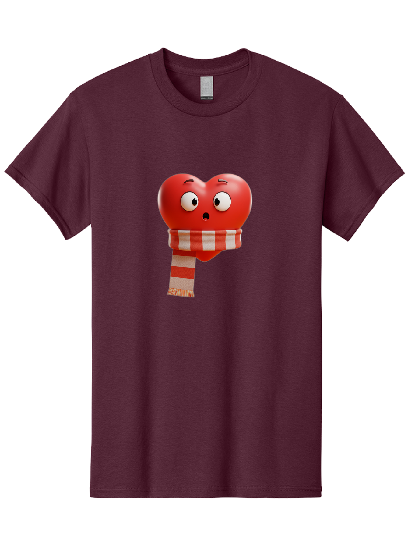 Heart-With-Scarf-3 Men'S Graphic Tee, 100% Cotton, Comfortable Casual Summer Wear, Machine Washable, Cartoon Heart, Red Heart, Surprised Face, Scarf Wrapped, Striped Scarf, 3D Character, Funny Expression, Cute Design, Winter Accessory, Bae044