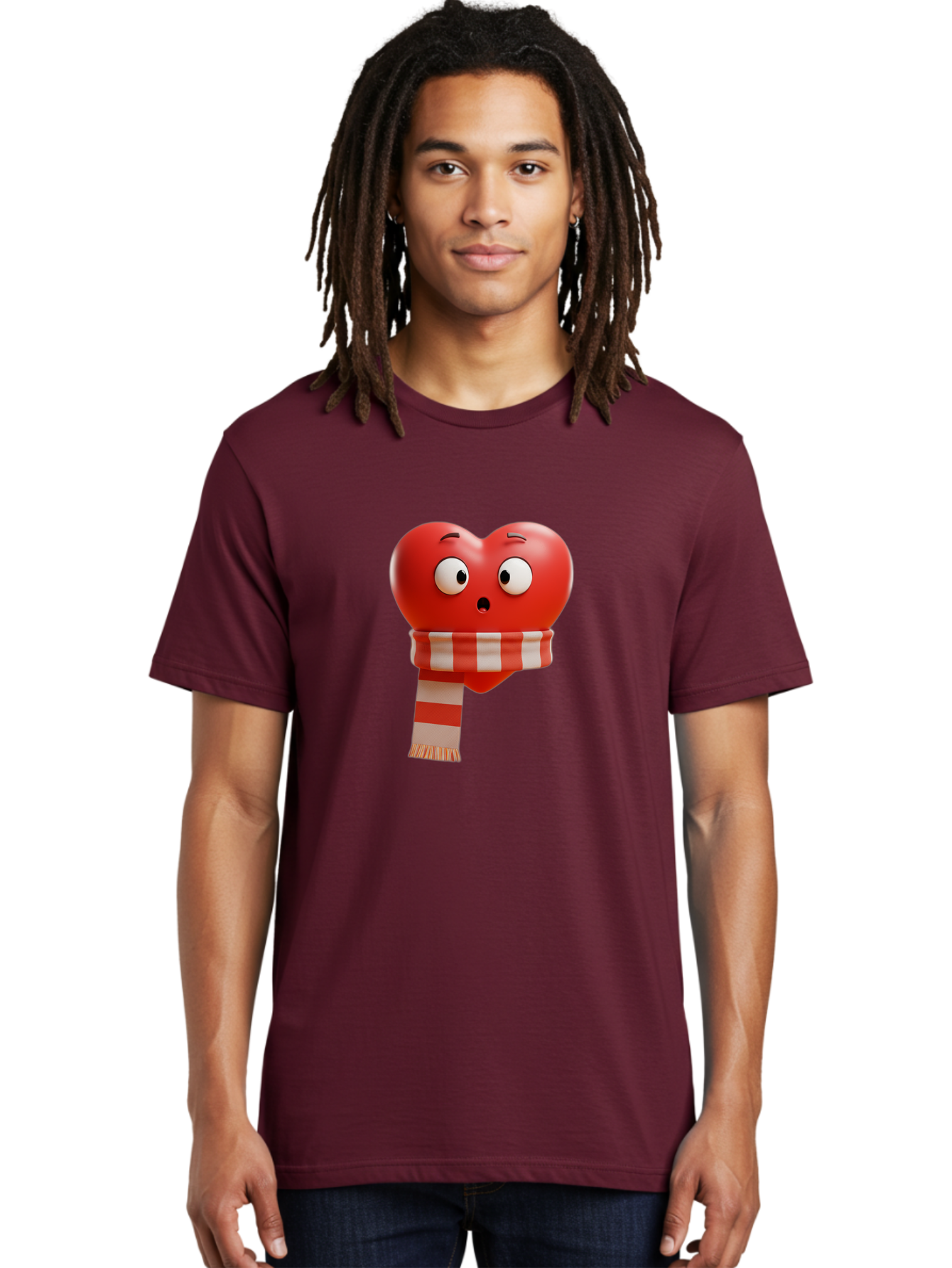 Heart-With-Scarf-3 Men'S Graphic Tee, 100% Cotton, Comfortable Casual Summer Wear, Machine Washable, Cartoon Heart, Red Heart, Surprised Face, Scarf Wrapped, Striped Scarf, 3D Character, Funny Expression, Cute Design, Winter Accessory, Bae044
