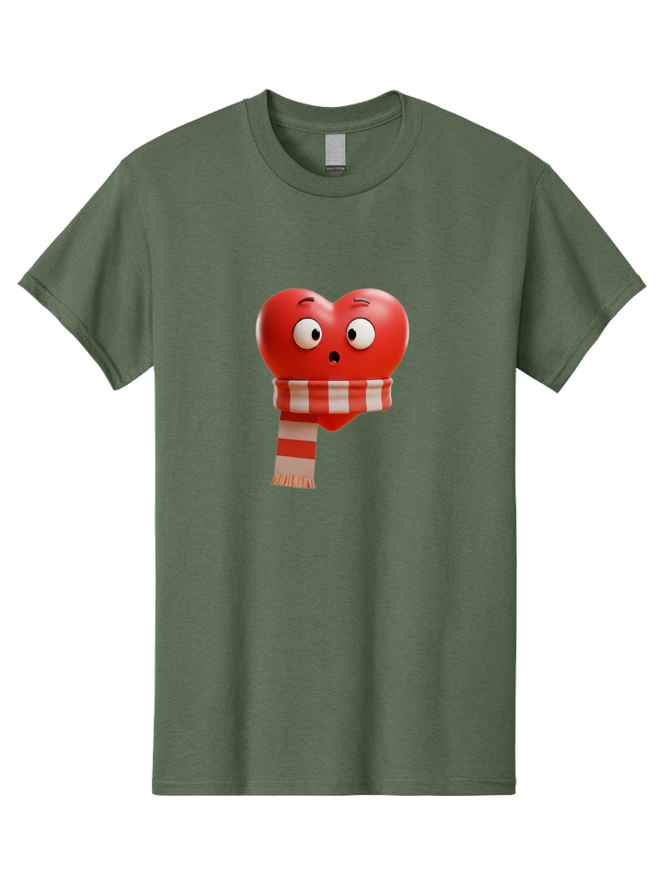 Heart-With-Scarf-3 Men'S Graphic Tee, 100% Cotton, Comfortable Casual Summer Wear, Machine Washable, Cartoon Heart, Red Heart, Surprised Face, Scarf Wrapped, Striped Scarf, 3D Character, Funny Expression, Cute Design, Winter Accessory, Bae044