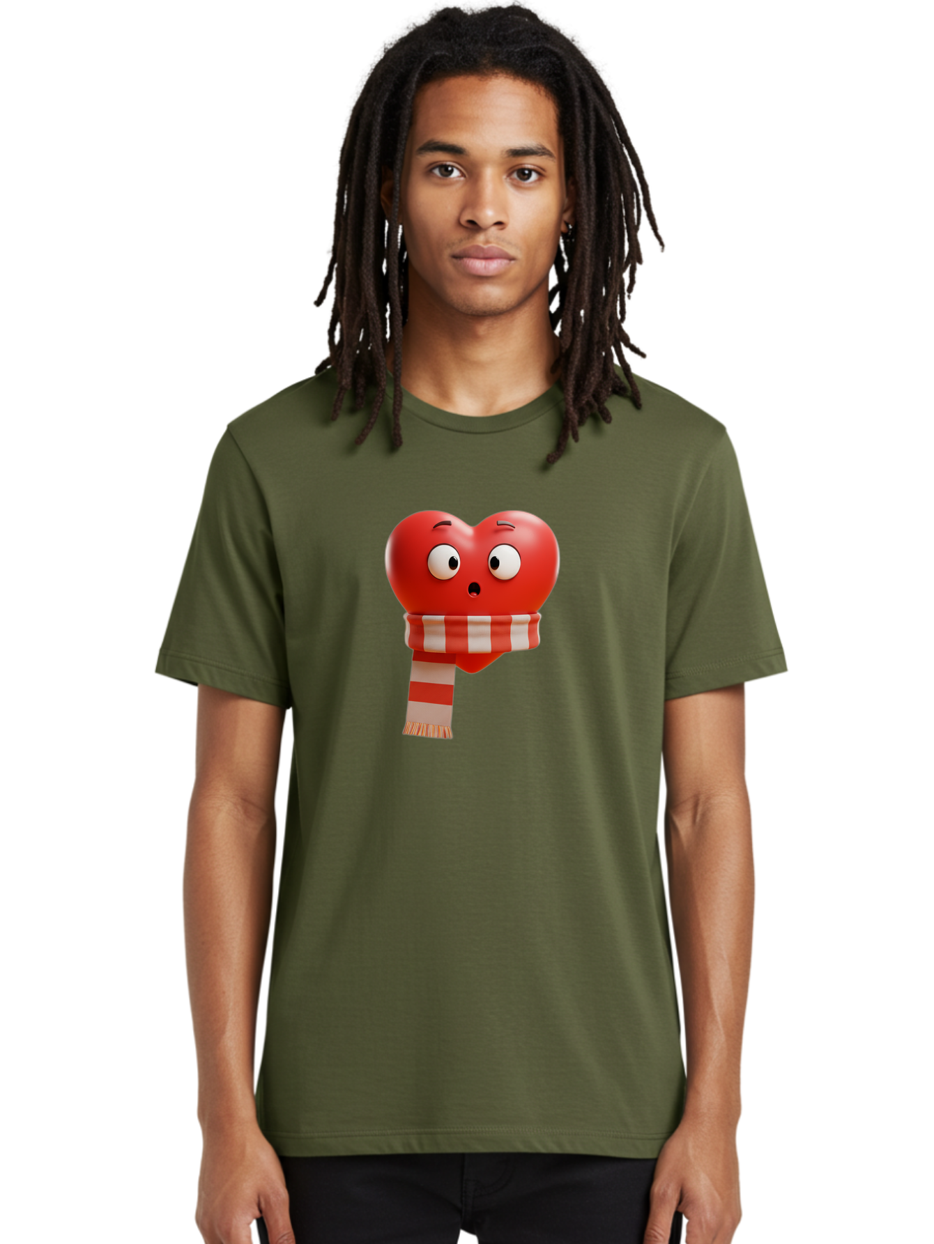 Heart-With-Scarf-3 Men'S Graphic Tee, 100% Cotton, Comfortable Casual Summer Wear, Machine Washable, Cartoon Heart, Red Heart, Surprised Face, Scarf Wrapped, Striped Scarf, 3D Character, Funny Expression, Cute Design, Winter Accessory, Bae044